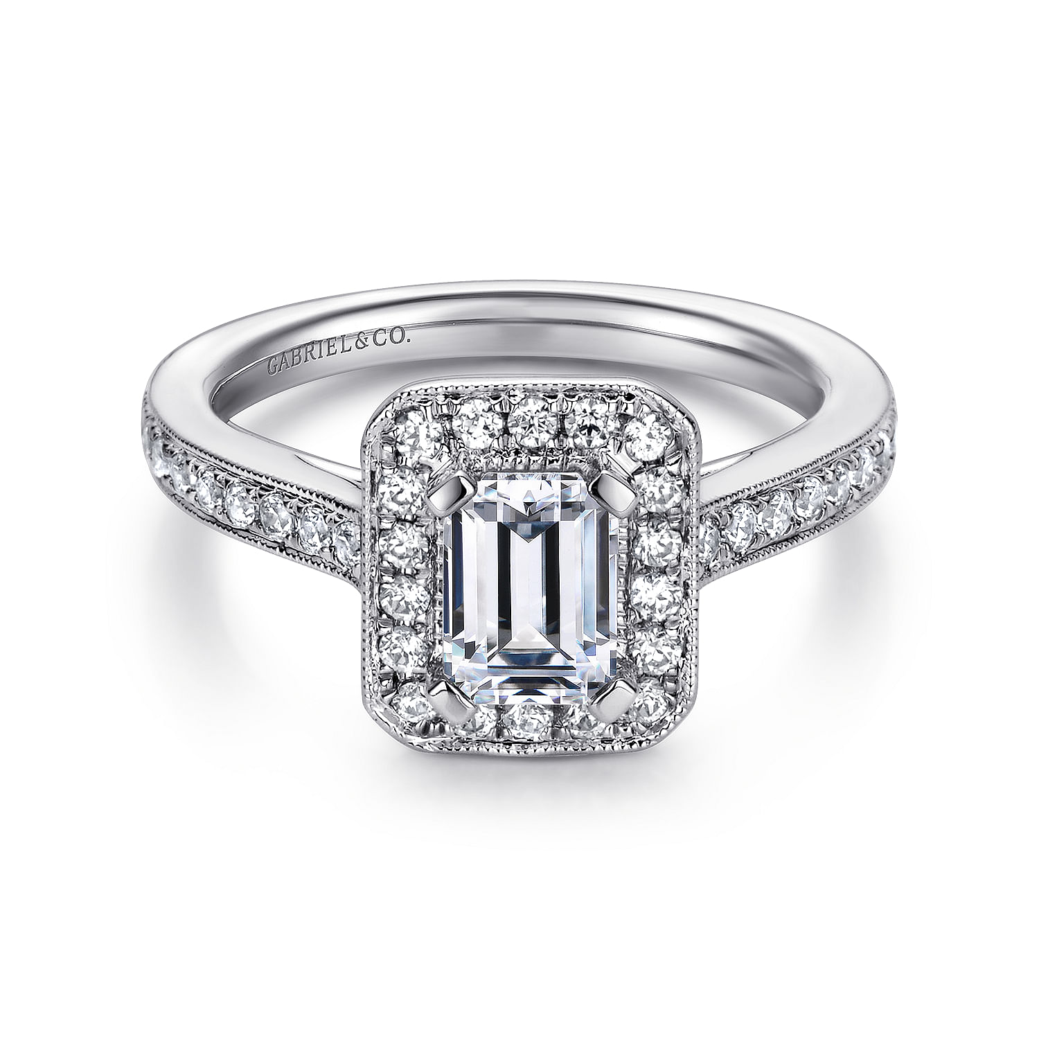 Corinne 14k White Gold Emerald Cut Halo Engagement Ring angle 1 Corinne 14k White Gold Emerald Cut Halo Engagement Ring angle 1