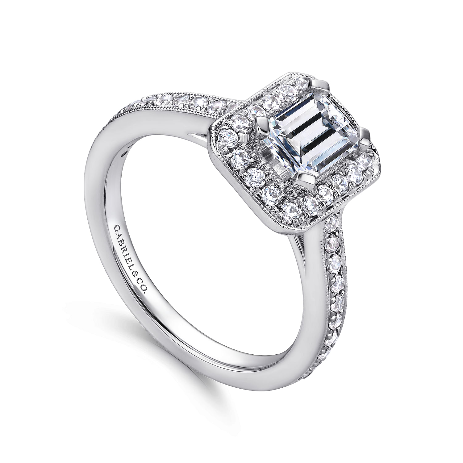 Corinne 14k White Gold Emerald Cut Halo Engagement Ring angle 3 Corinne 14k White Gold Emerald Cut Halo Engagement Ring angle 3
