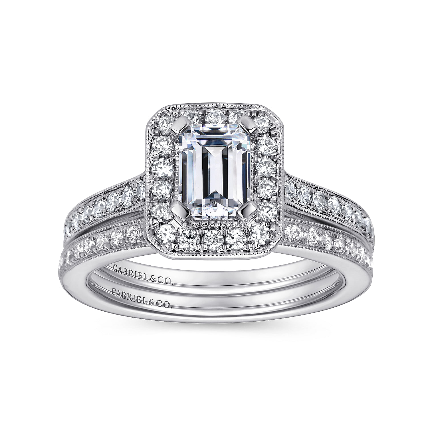 Corinne 14k White Gold Emerald Cut Halo Engagement Ring angle 4 Corinne 14k White Gold Emerald Cut Halo Engagement Ring angle 4