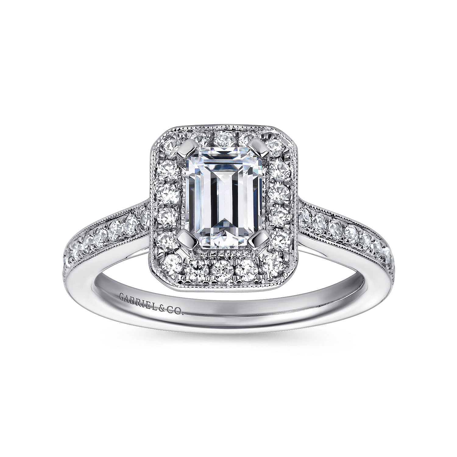 Corinne 14k White Gold Emerald Cut Halo Engagement Ring angle 5 Corinne 14k White Gold Emerald Cut Halo Engagement Ring angle 5