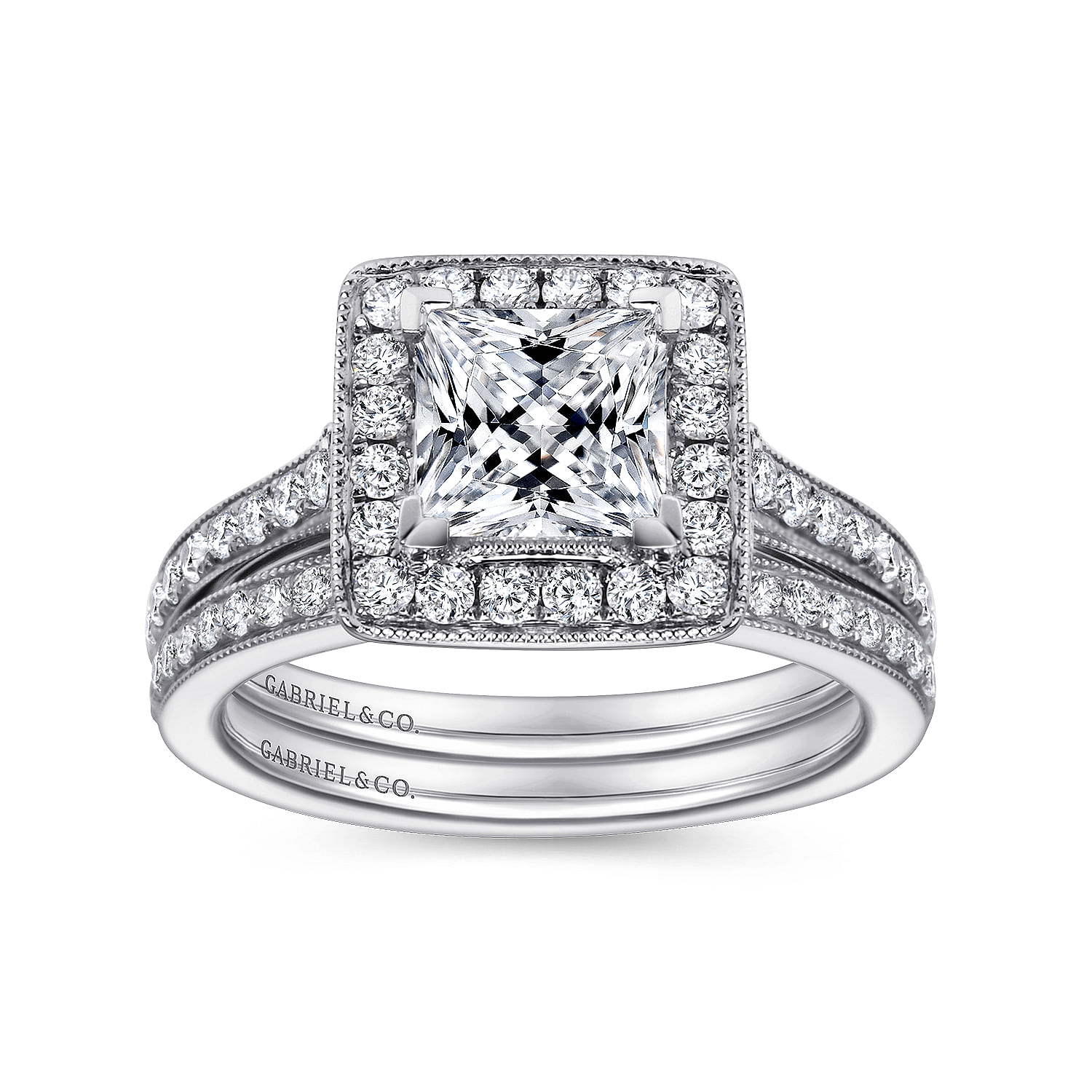 Corinne 14k White Gold Princess Cut Halo Engagement Ring angle 4 Corinne 14k White Gold Princess Cut Halo Engagement Ring angle 4
