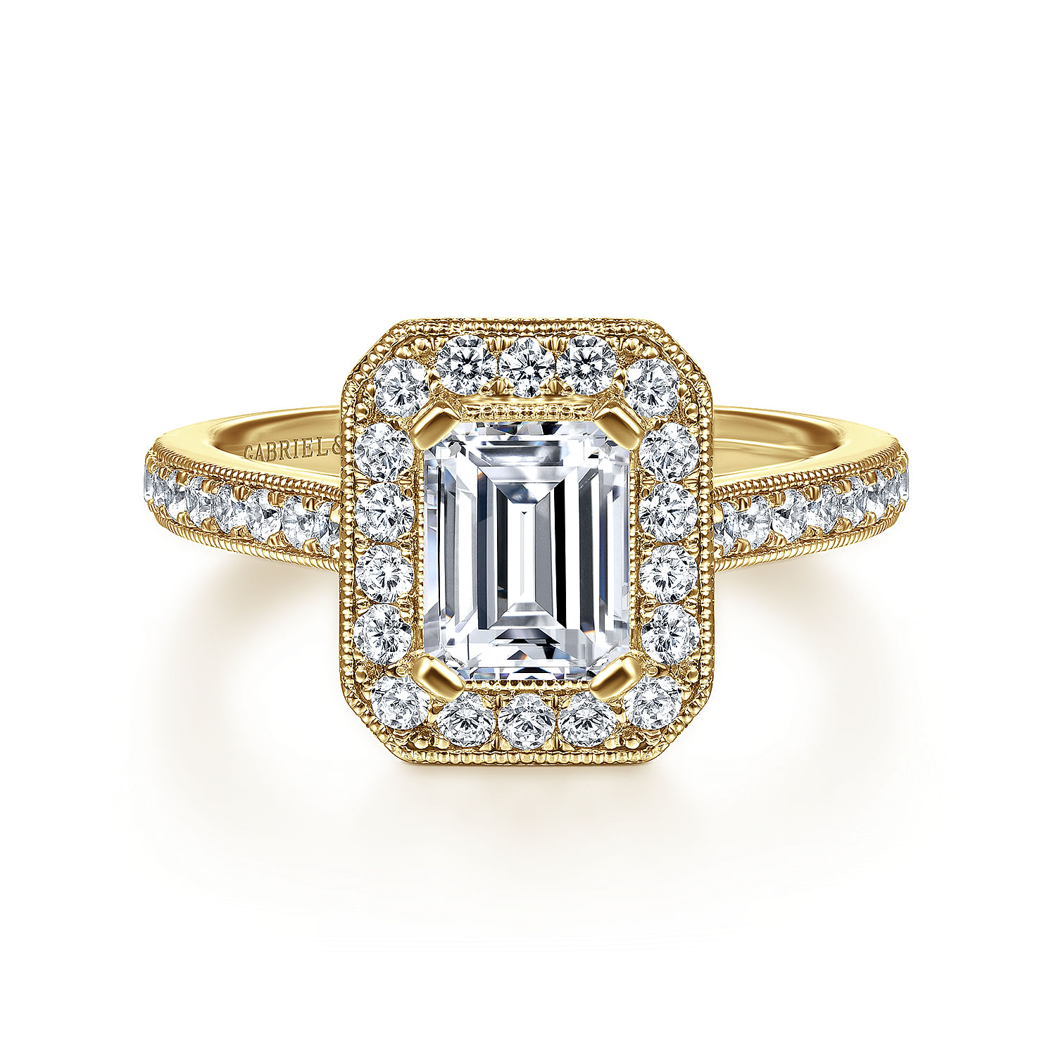 Corinne 14k Yellow Gold Emerald Cut Halo Engagement Ring angle 1 Corinne 14k Yellow Gold Emerald Cut Halo Engagement Ring angle 1