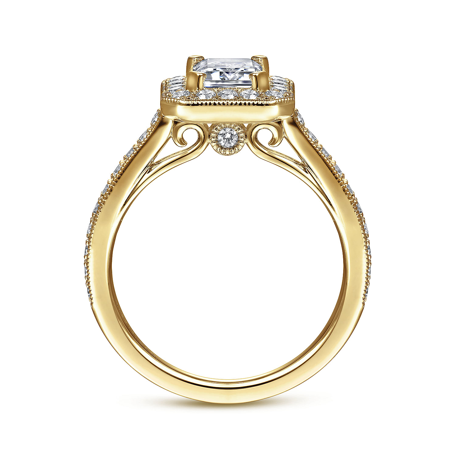 Corinne 14k Yellow Gold Emerald Cut Halo Engagement Ring angle 2 Corinne 14k Yellow Gold Emerald Cut Halo Engagement Ring angle 2