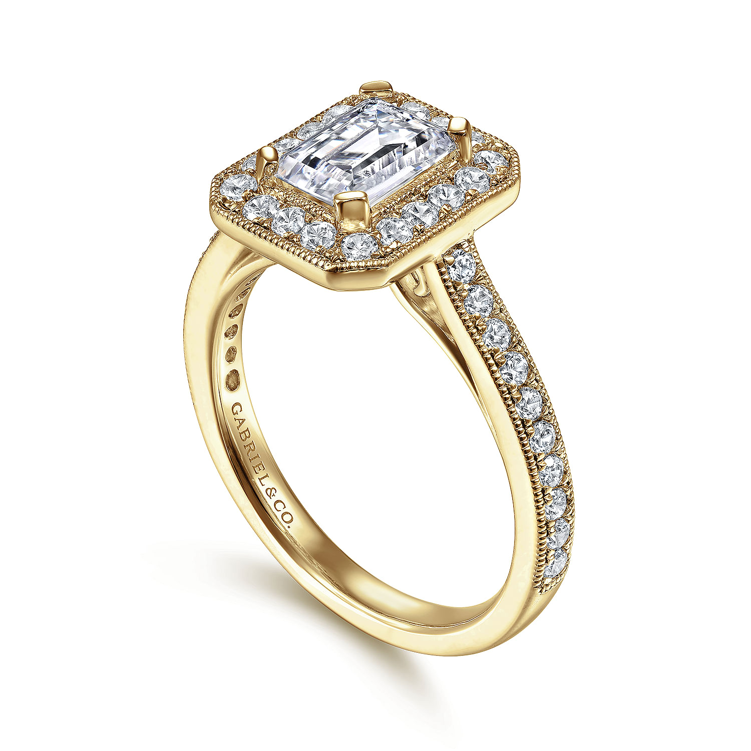 Corinne 14k Yellow Gold Emerald Cut Halo Engagement Ring angle 3 Corinne 14k Yellow Gold Emerald Cut Halo Engagement Ring angle 3