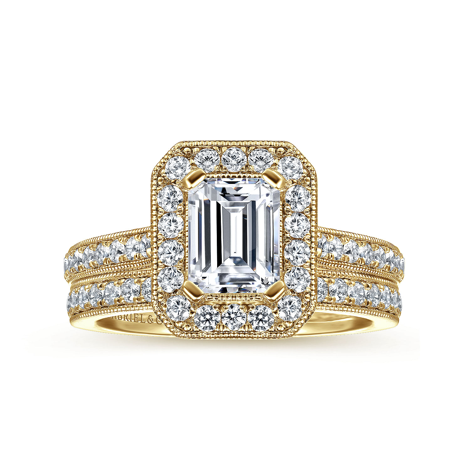 Corinne 14k Yellow Gold Emerald Cut Halo Engagement Ring angle 4 Corinne 14k Yellow Gold Emerald Cut Halo Engagement Ring angle 4