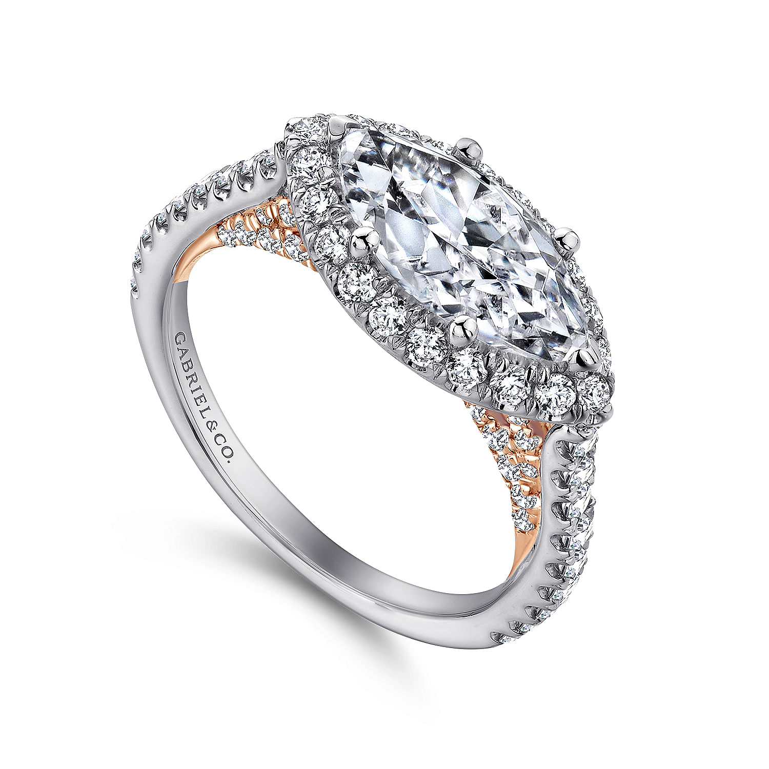 Daphne 18k White And Rose Gold Marquise Halo Engagement Ring angle 3 Daphne 18k White And Rose Gold Marquise Halo Engagement Ring angle 3