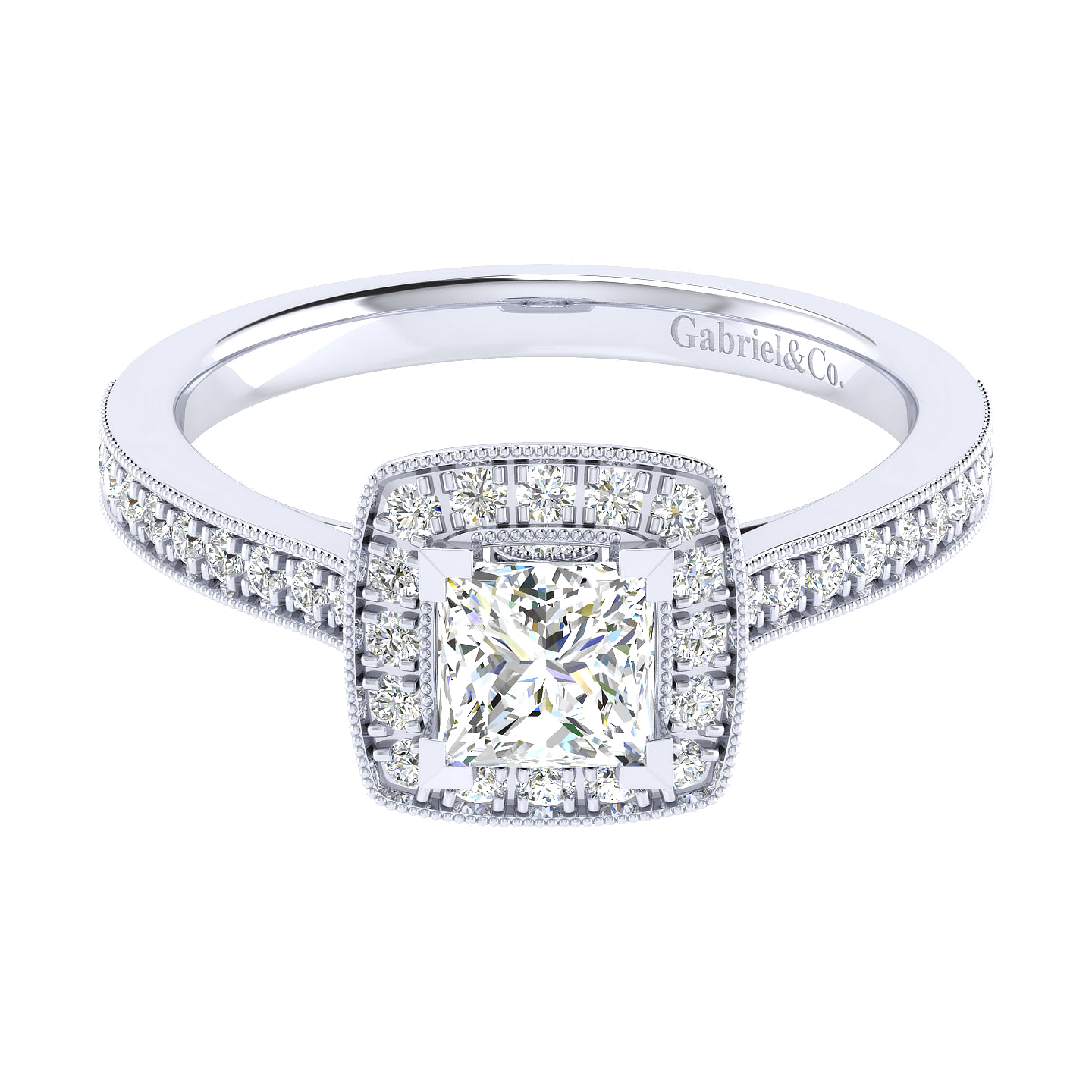Edith 14k White Gold Princess Cut Halo Engagement Ring angle 1 Edith 14k White Gold Princess Cut Halo Engagement Ring angle 1