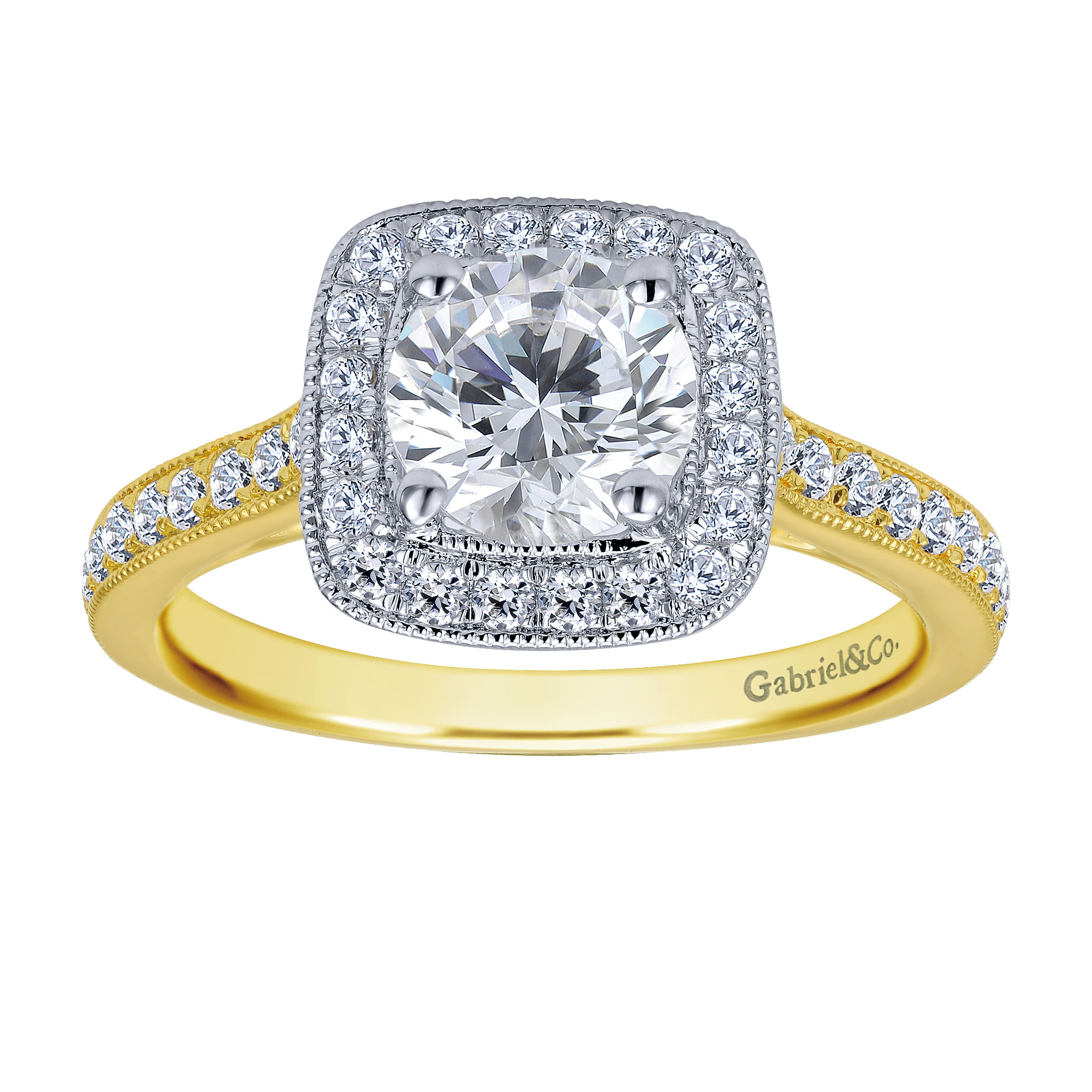 Edith 14k Yellow And White Gold Round Halo Engagement Ring angle 4 Edith 14k Yellow And White Gold Round Halo Engagement Ring angle 4