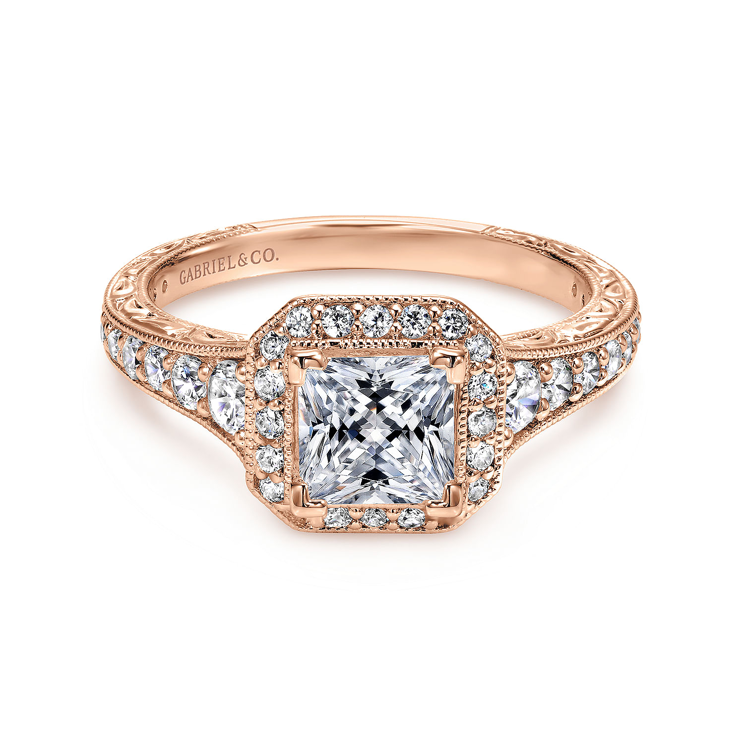 Estelle 14k Rose Gold Princess Cut Halo Engagement Ring angle 1 Estelle 14k Rose Gold Princess Cut Halo Engagement Ring angle 1
