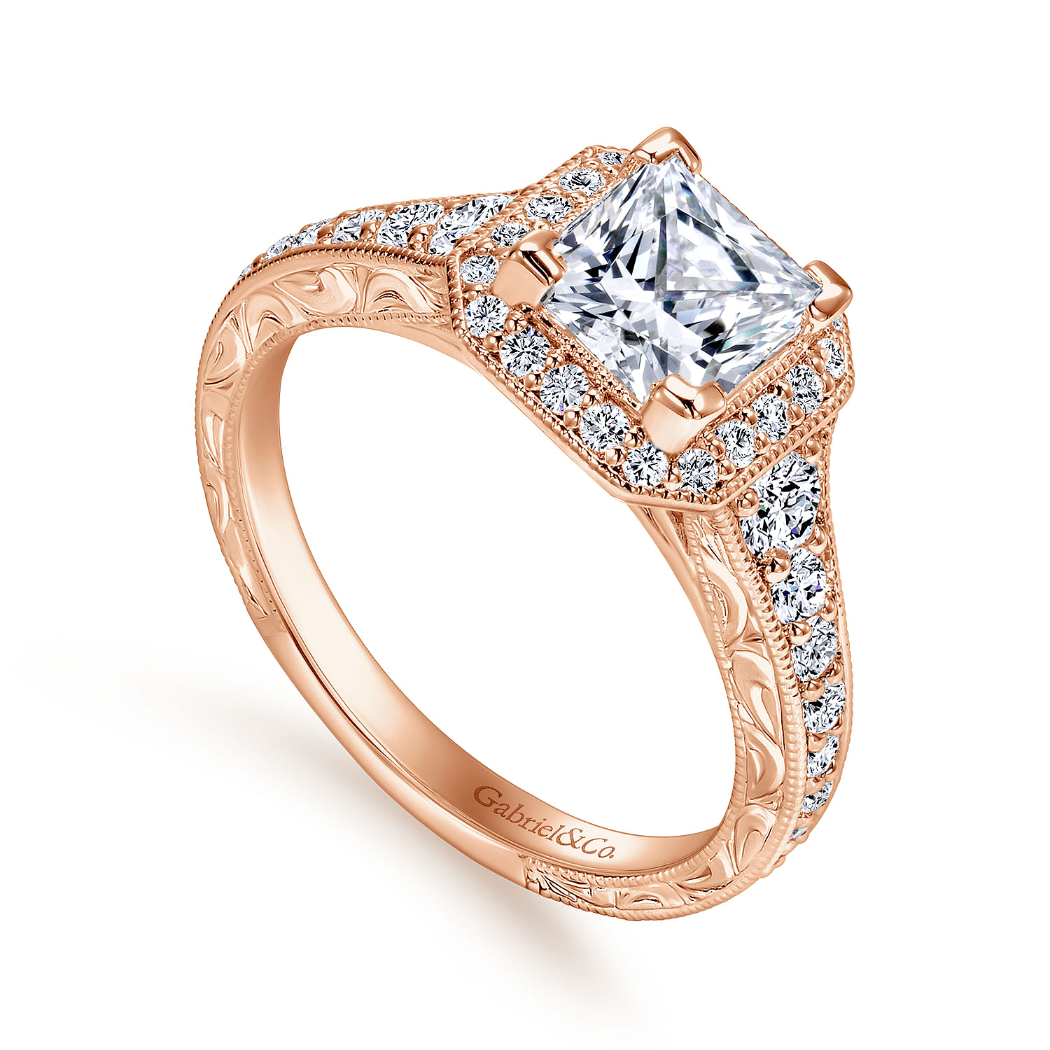 Estelle 14k Rose Gold Princess Cut Halo Engagement Ring angle 3 Estelle 14k Rose Gold Princess Cut Halo Engagement Ring angle 3