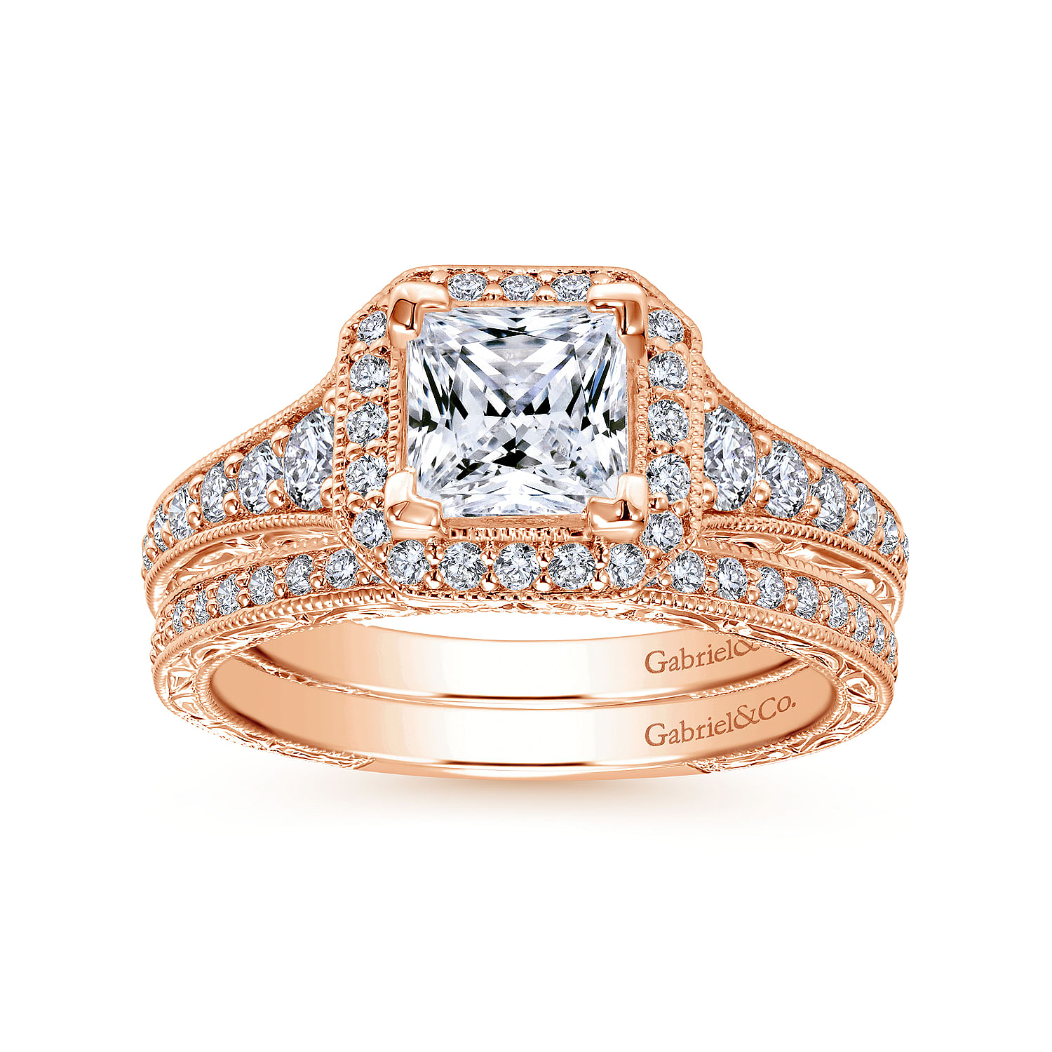 Estelle 14k Rose Gold Princess Cut Halo Engagement Ring angle 4 Estelle 14k Rose Gold Princess Cut Halo Engagement Ring angle 4