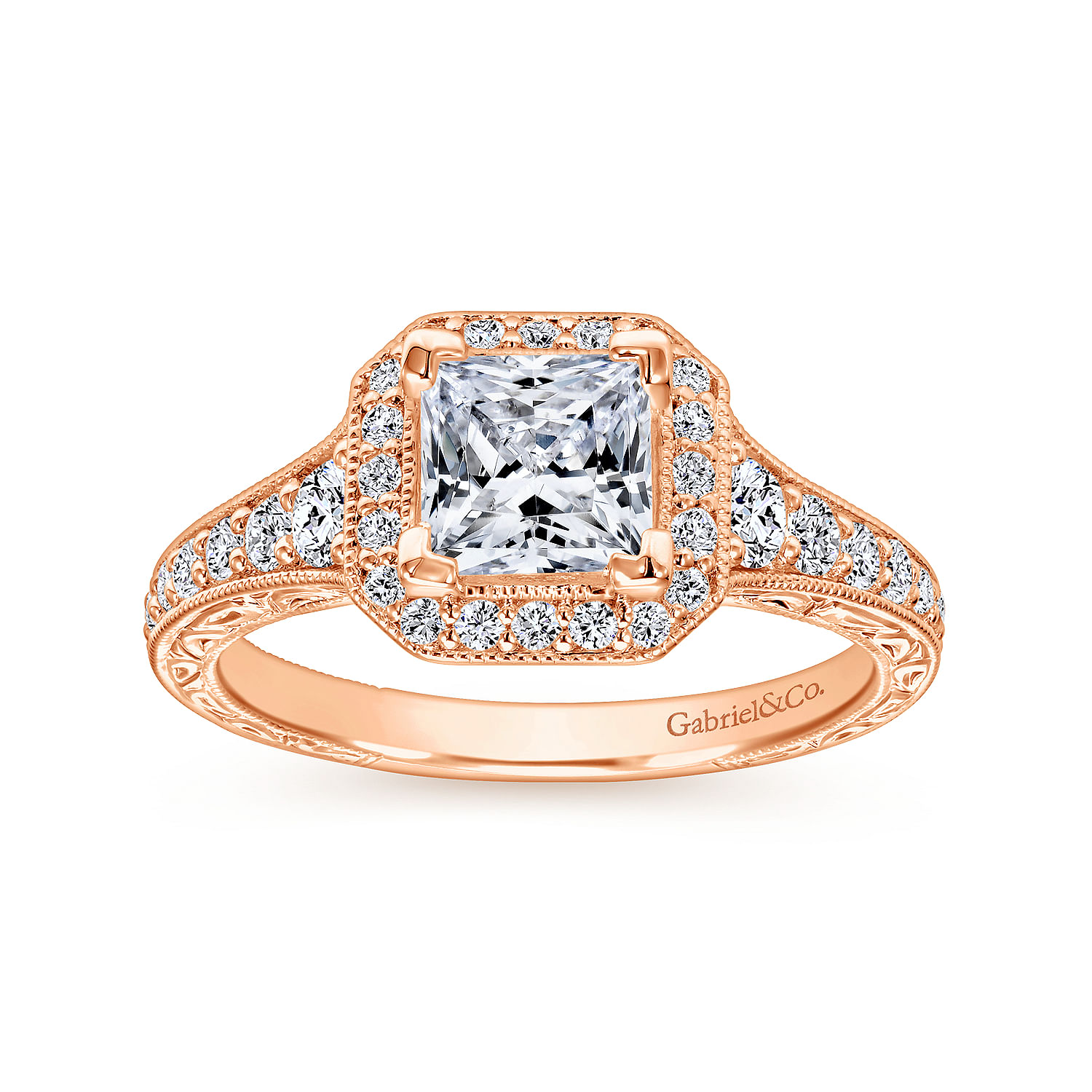 Estelle 14k Rose Gold Princess Cut Halo Engagement Ring angle 5 Estelle 14k Rose Gold Princess Cut Halo Engagement Ring angle 5
