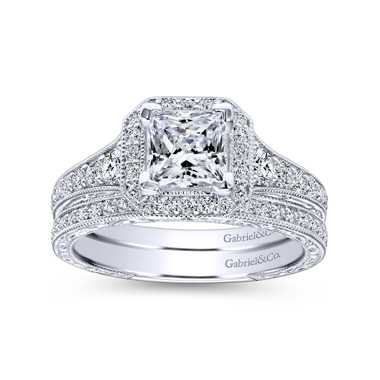 Estelle 14k White Gold Princess Cut Halo Engagement Ring angle 4 Estelle 14k White Gold Princess Cut Halo Engagement Ring angle 4