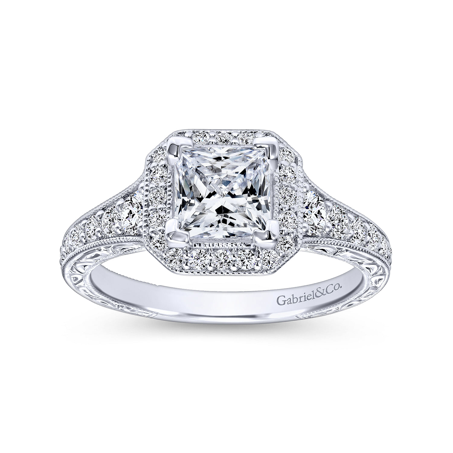 Estelle 14k White Gold Princess Cut Halo Engagement Ring angle 5 Estelle 14k White Gold Princess Cut Halo Engagement Ring angle 5