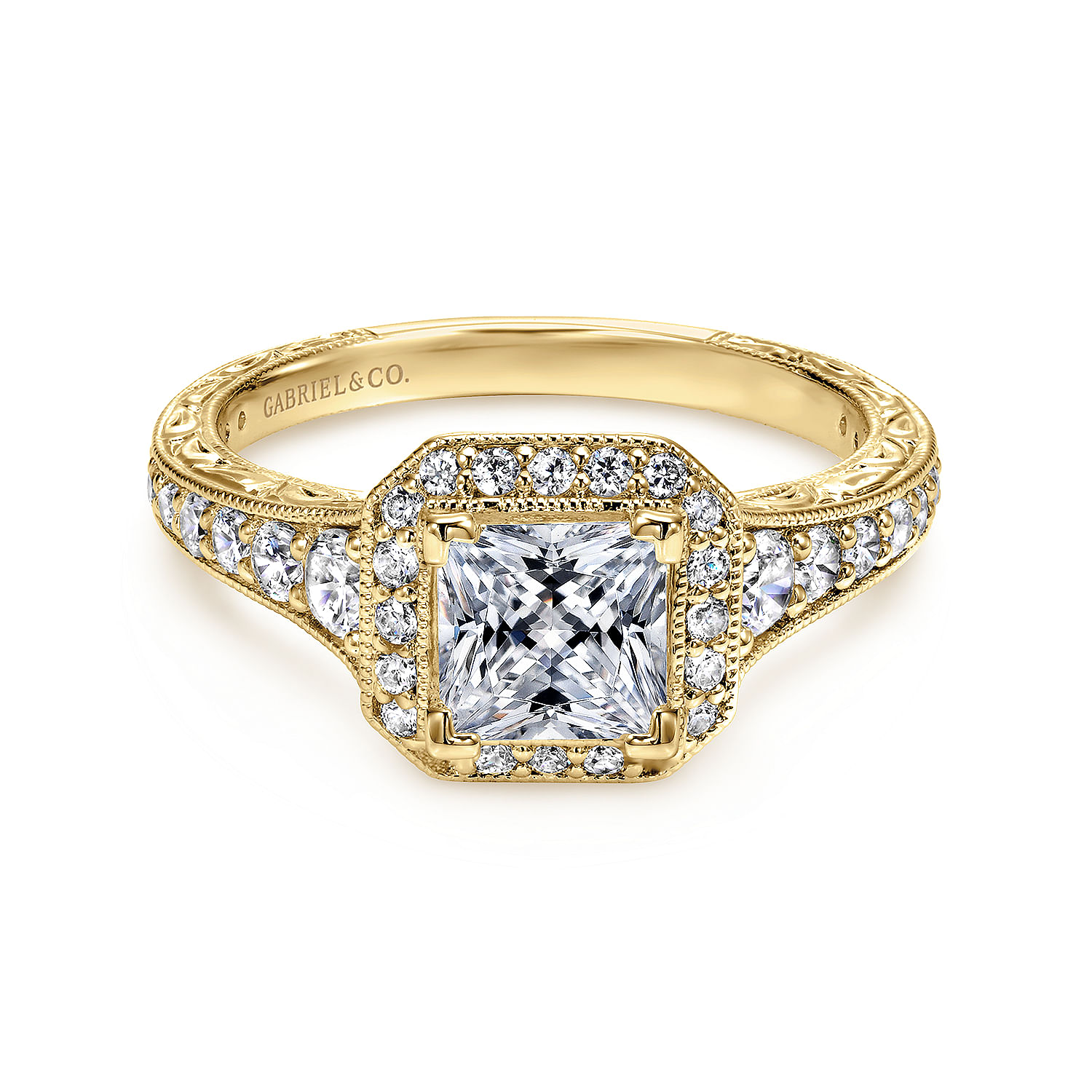 Estelle 14k Yellow Gold Princess Cut Halo Engagement Ring angle 1 Estelle 14k Yellow Gold Princess Cut Halo Engagement Ring angle 1