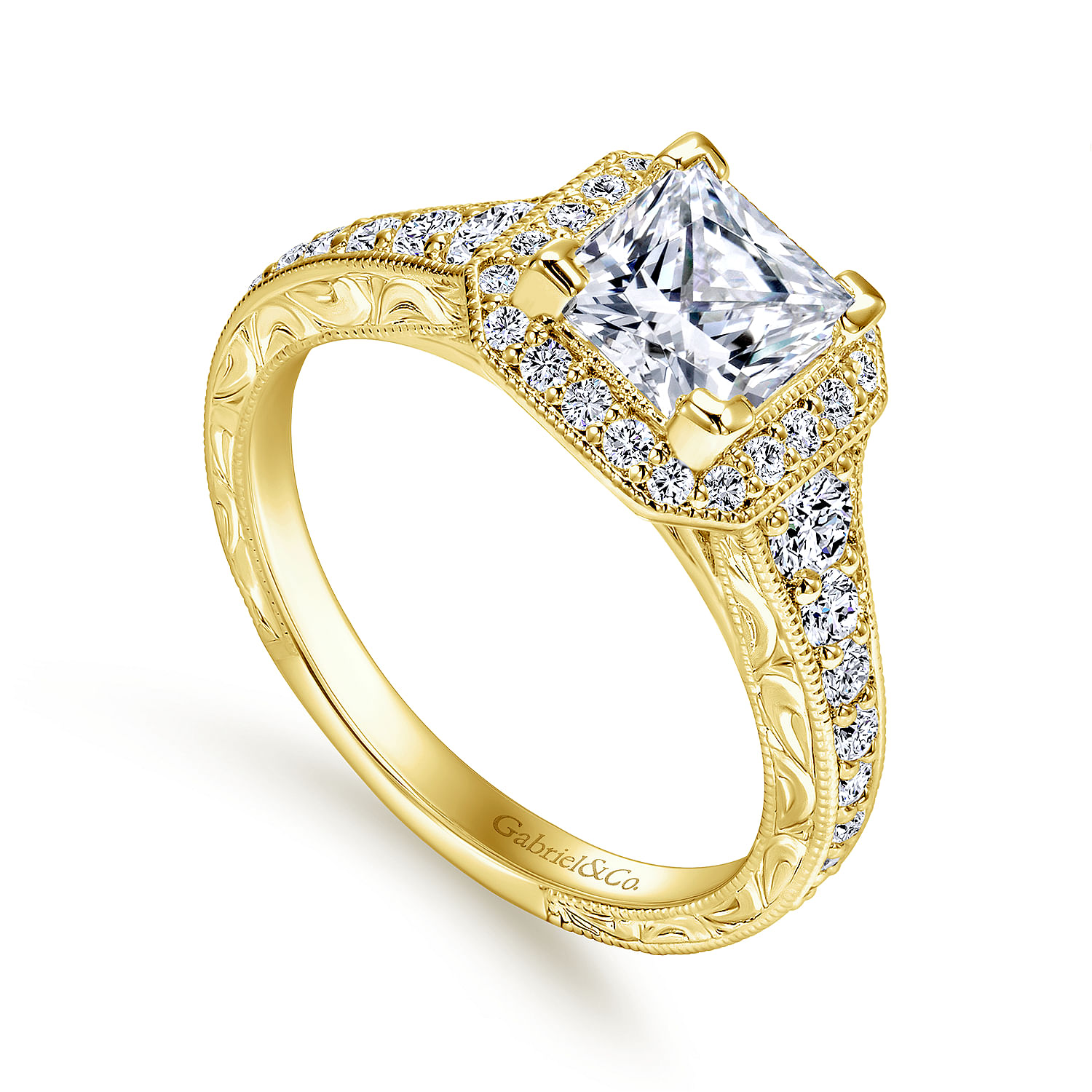 Estelle 14k Yellow Gold Princess Cut Halo Engagement Ring angle 3 Estelle 14k Yellow Gold Princess Cut Halo Engagement Ring angle 3