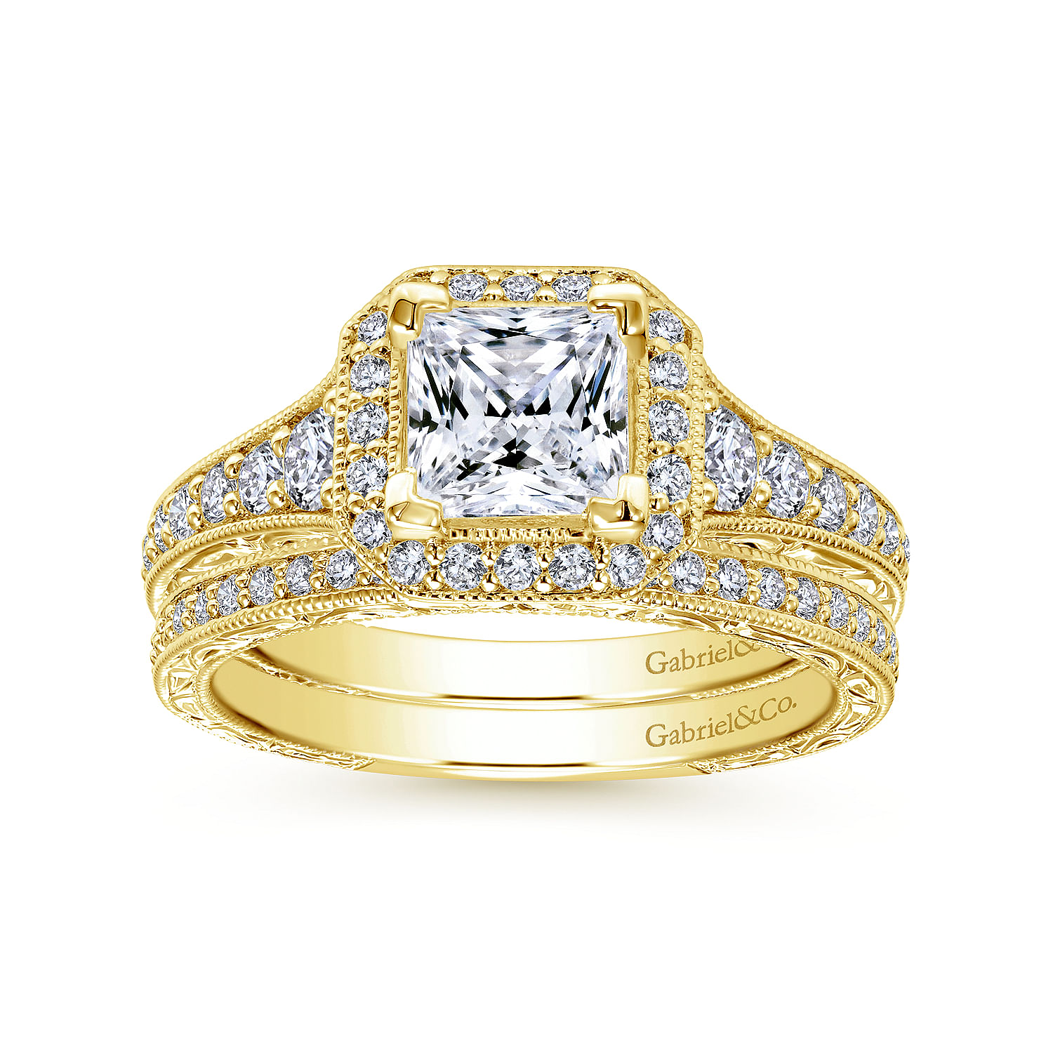 Estelle 14k Yellow Gold Princess Cut Halo Engagement Ring angle 4 Estelle 14k Yellow Gold Princess Cut Halo Engagement Ring angle 4