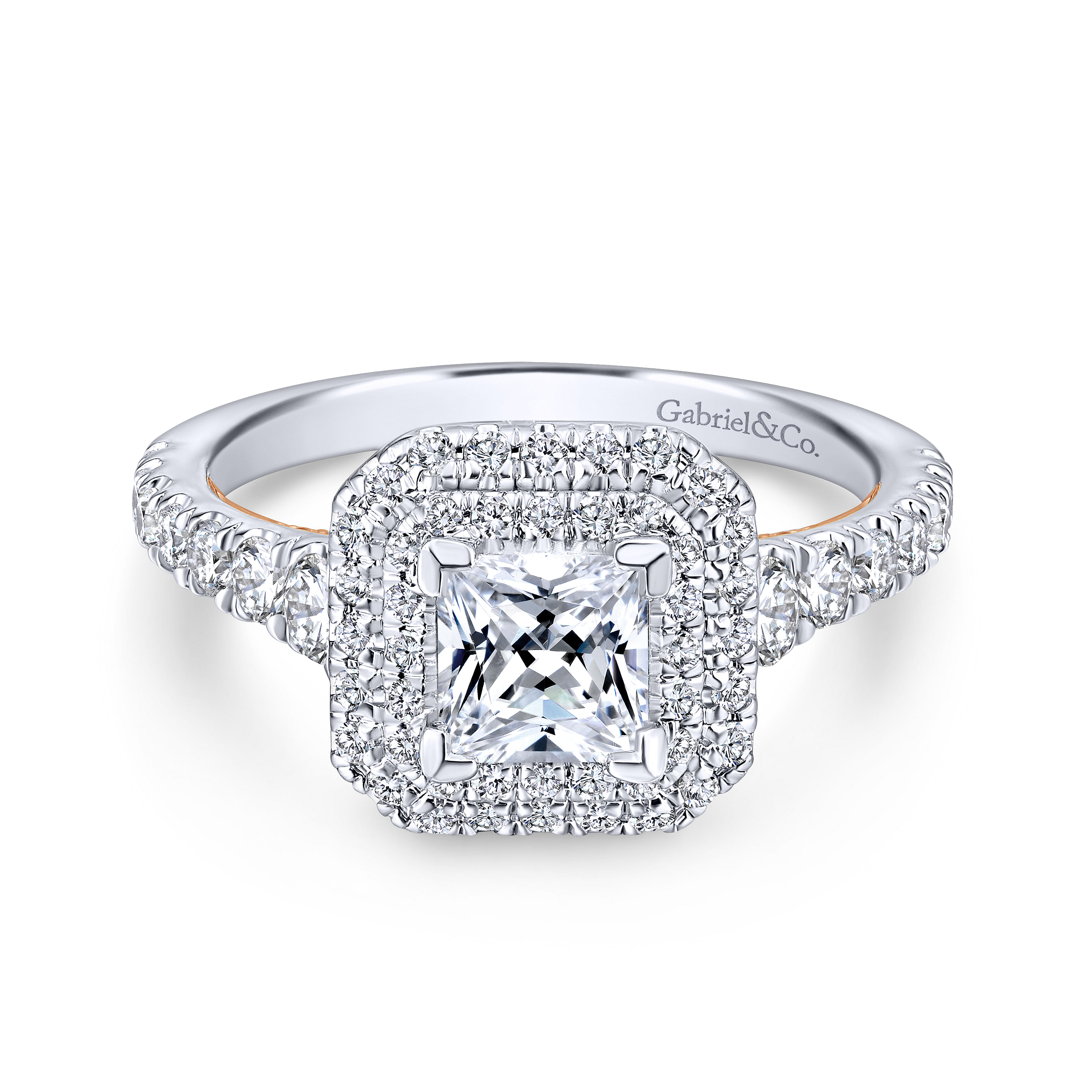 Ginger 14k White And Rose Gold Princess Cut Double Halo Engagement Ring angle 1 Ginger 14k White And Rose Gold Princess Cut Double Halo Engagement Ring angle 1
