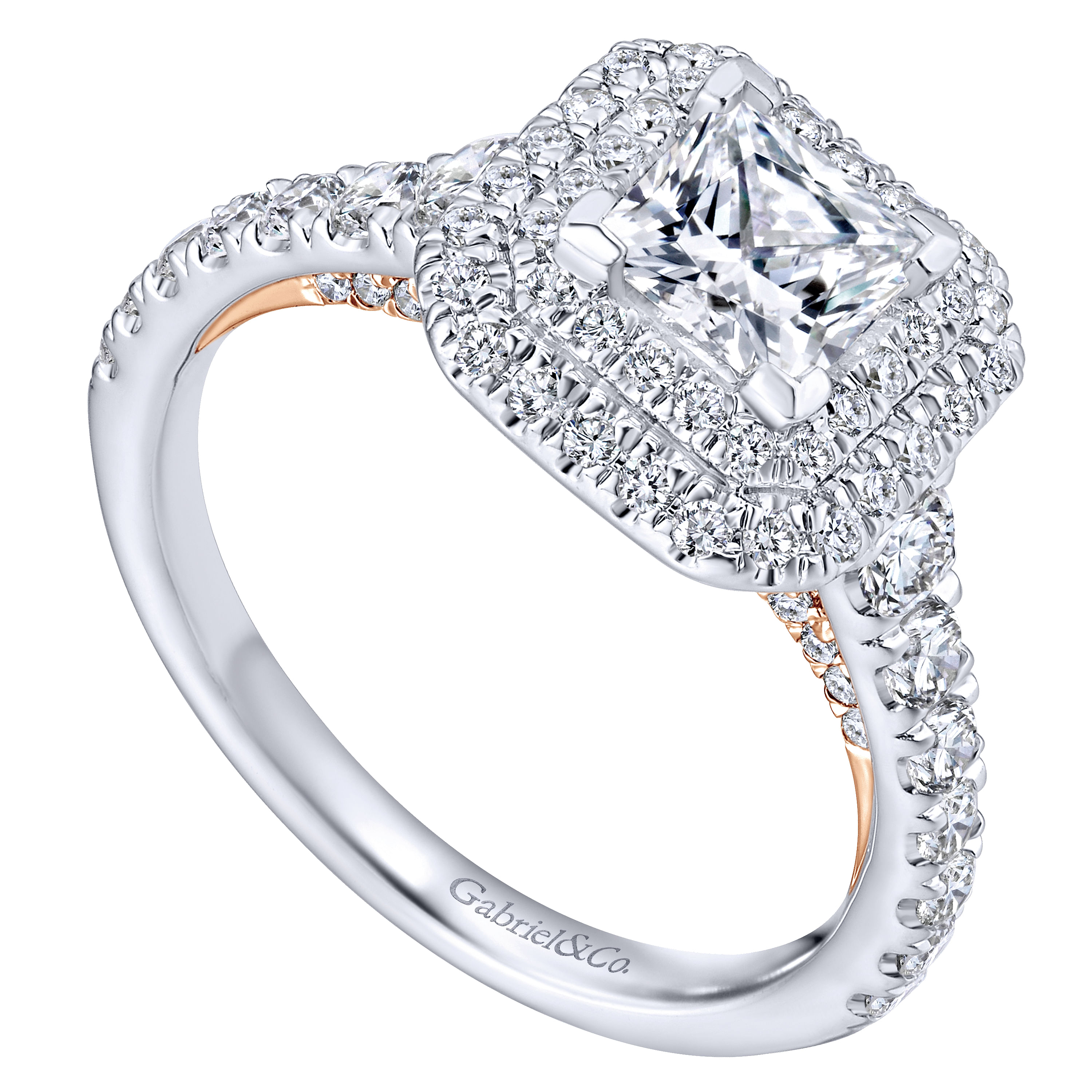 Ginger 14k White And Rose Gold Princess Cut Double Halo Engagement Ring angle 3 Ginger 14k White And Rose Gold Princess Cut Double Halo Engagement Ring angle 3