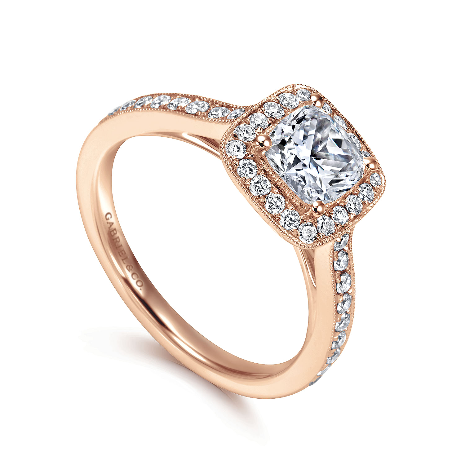 Harper 14k Rose Gold Cushion Cut Halo Engagement Ring angle 3 Harper 14k Rose Gold Cushion Cut Halo Engagement Ring angle 3
