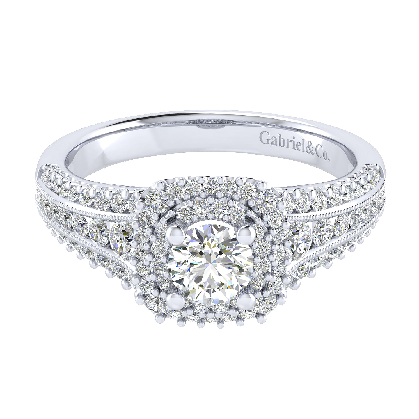 Henrietta 14k White Gold Round Double Halo Engagement Ring angle 1 Henrietta 14k White Gold Round Double Halo Engagement Ring angle 1