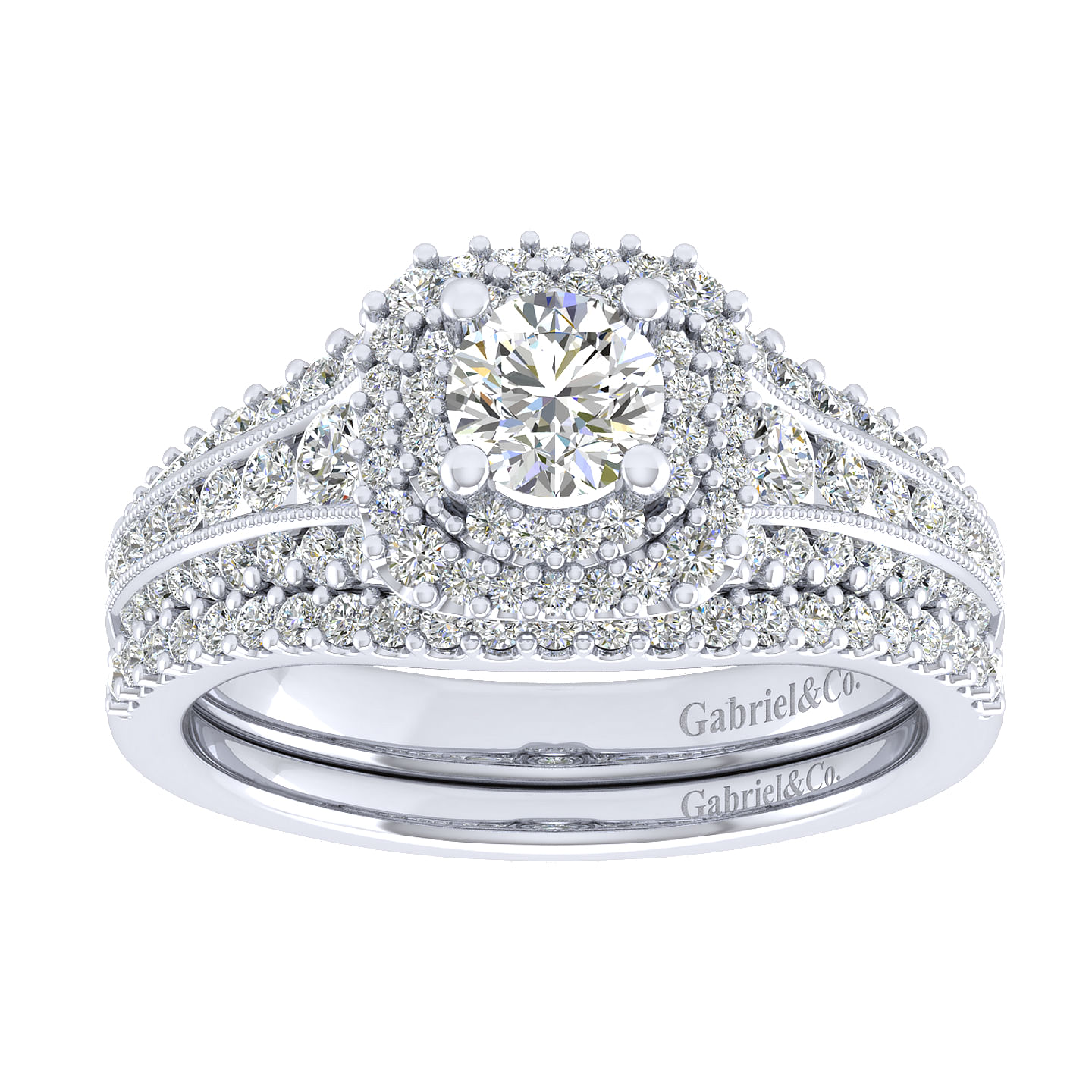 Henrietta 14k White Gold Round Double Halo Engagement Ring angle 4 Henrietta 14k White Gold Round Double Halo Engagement Ring angle 4
