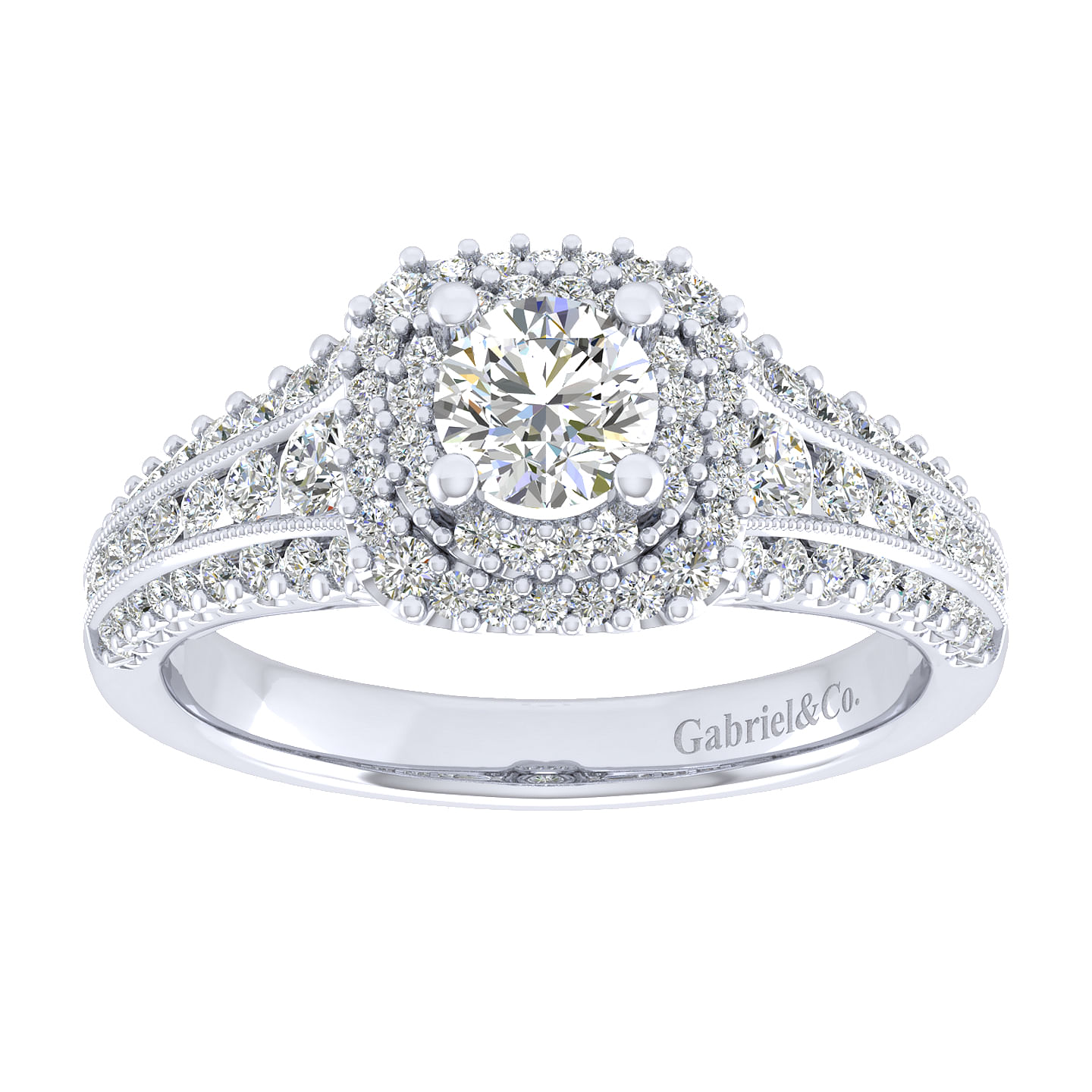 Henrietta 14k White Gold Round Double Halo Engagement Ring angle 5 Henrietta 14k White Gold Round Double Halo Engagement Ring angle 5