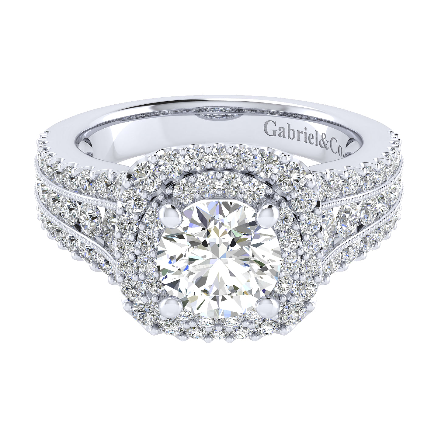 Henrietta 14k White Gold Round Double Halo Engagement Ring angle 1 Henrietta 14k White Gold Round Double Halo Engagement Ring angle 1