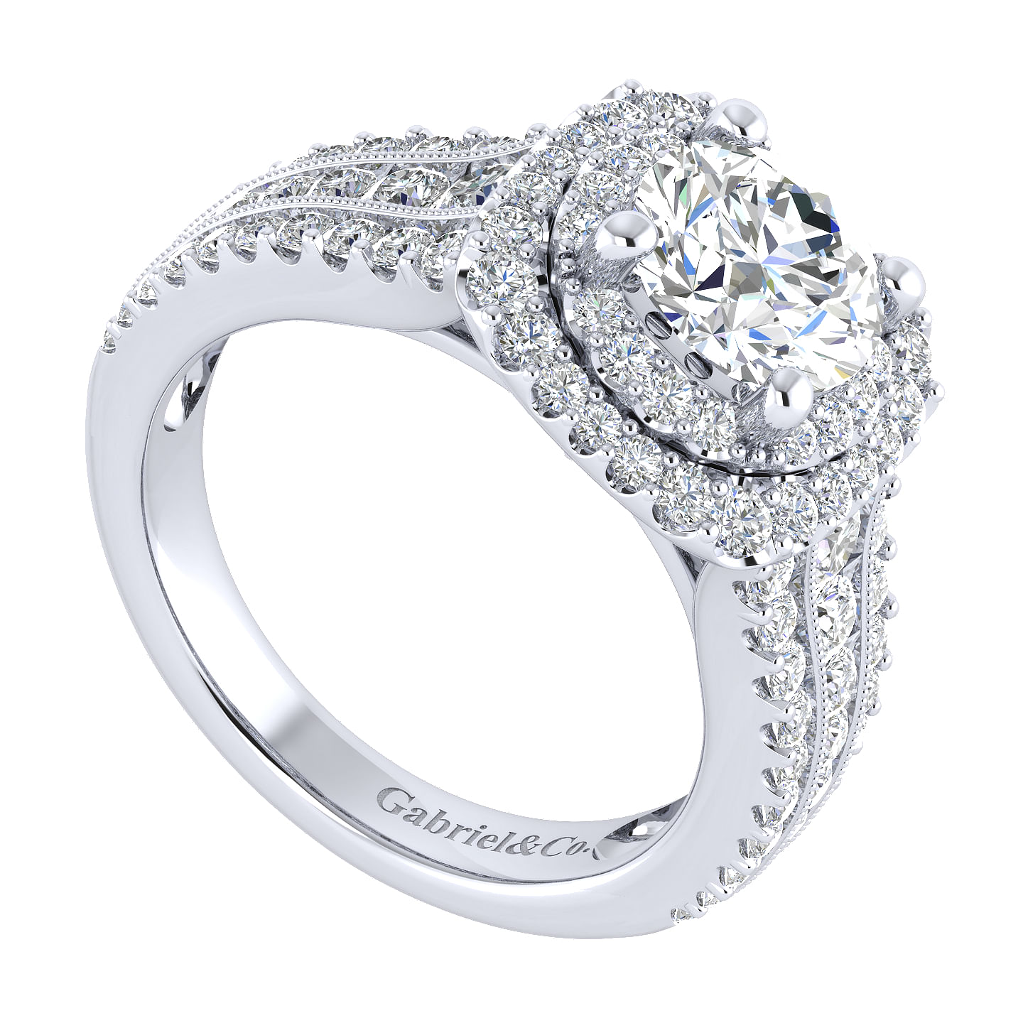 Henrietta 14k White Gold Round Double Halo Engagement Ring angle 3 Henrietta 14k White Gold Round Double Halo Engagement Ring angle 3