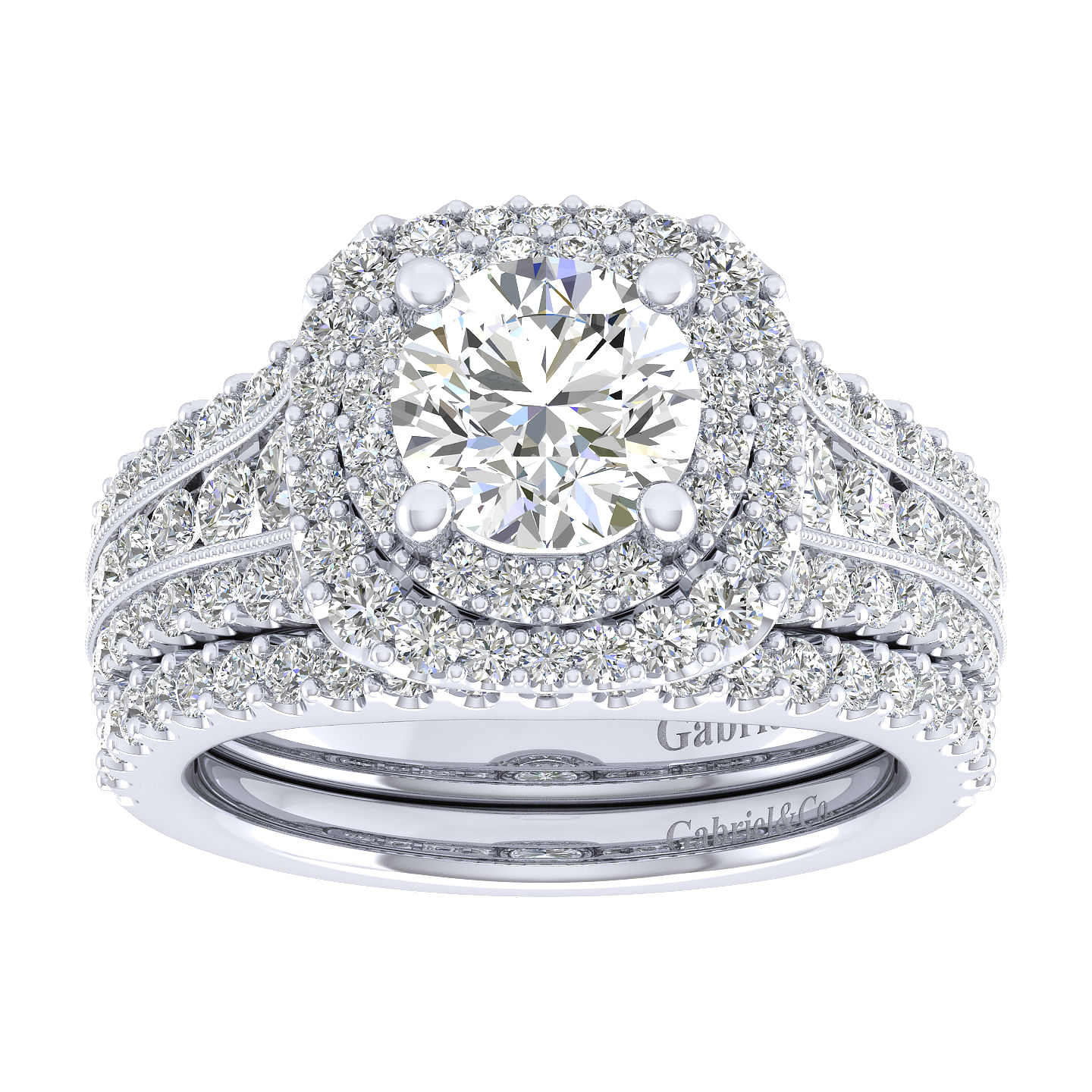 Henrietta 14k White Gold Round Double Halo Engagement Ring angle 4 Henrietta 14k White Gold Round Double Halo Engagement Ring angle 4