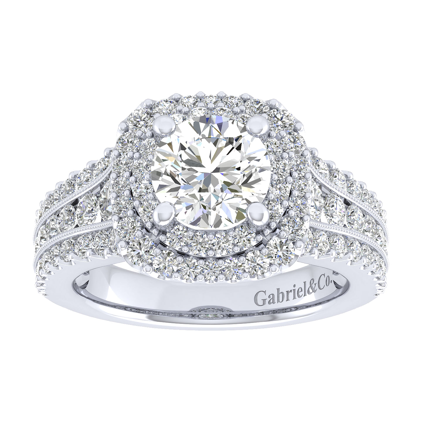 Henrietta 14k White Gold Round Double Halo Engagement Ring angle 5 Henrietta 14k White Gold Round Double Halo Engagement Ring angle 5