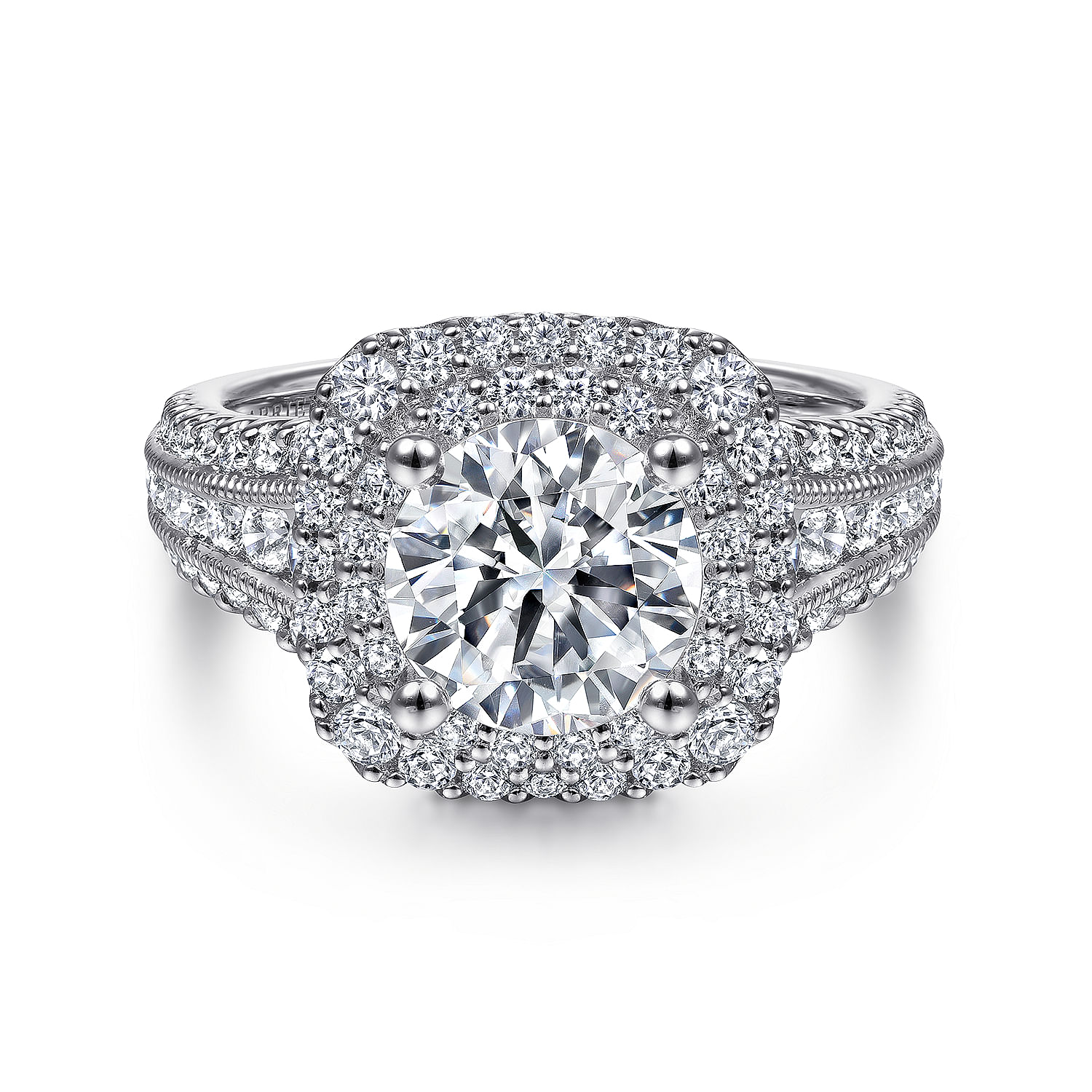 Henrietta 14k White Gold Round Double Halo Engagement Ring angle 1 Henrietta 14k White Gold Round Double Halo Engagement Ring angle 1