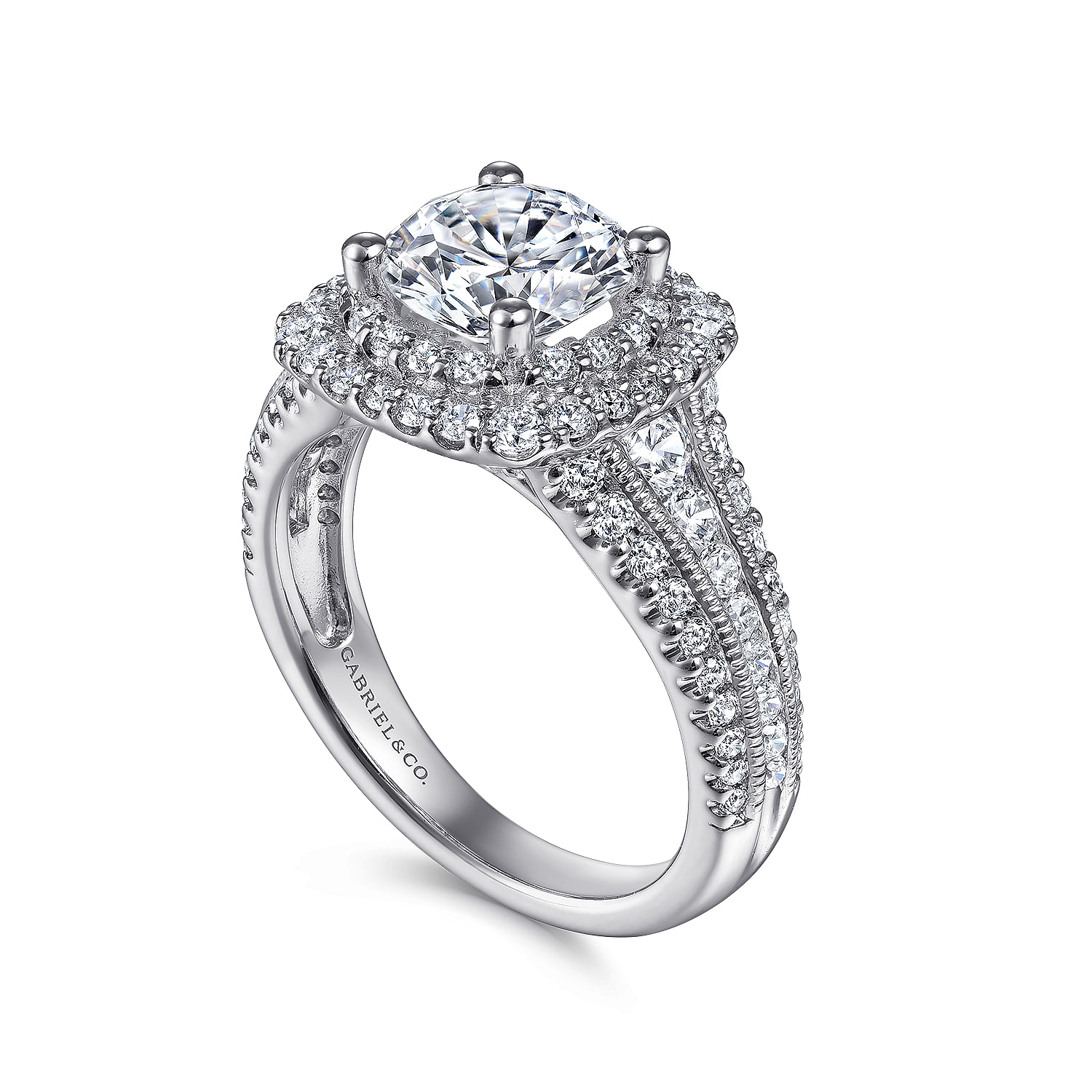 Henrietta 14k White Gold Round Double Halo Engagement Ring angle 3 Henrietta 14k White Gold Round Double Halo Engagement Ring angle 3