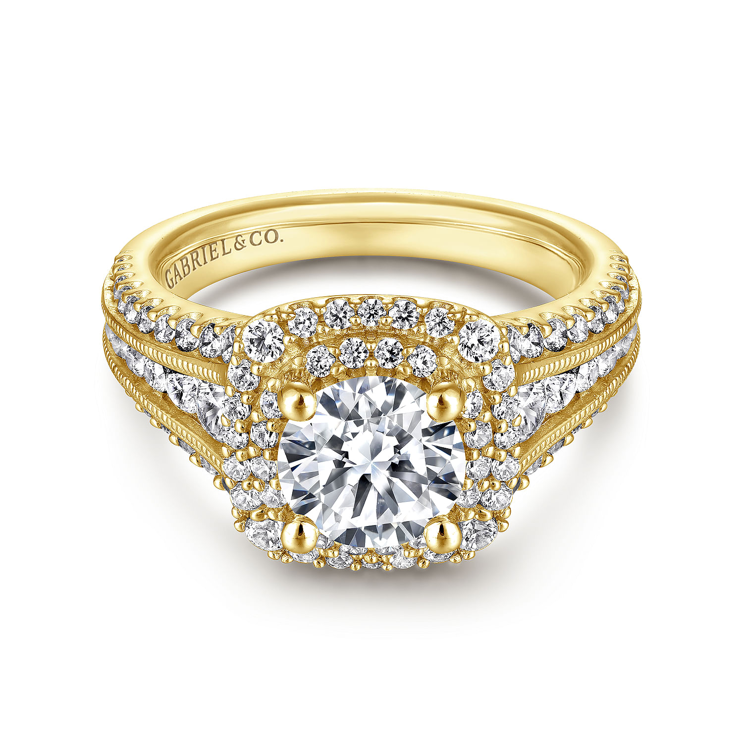 Henrietta 14k Yellow Gold Round Double Halo Engagement Ring angle 1 Henrietta 14k Yellow Gold Round Double Halo Engagement Ring angle 1
