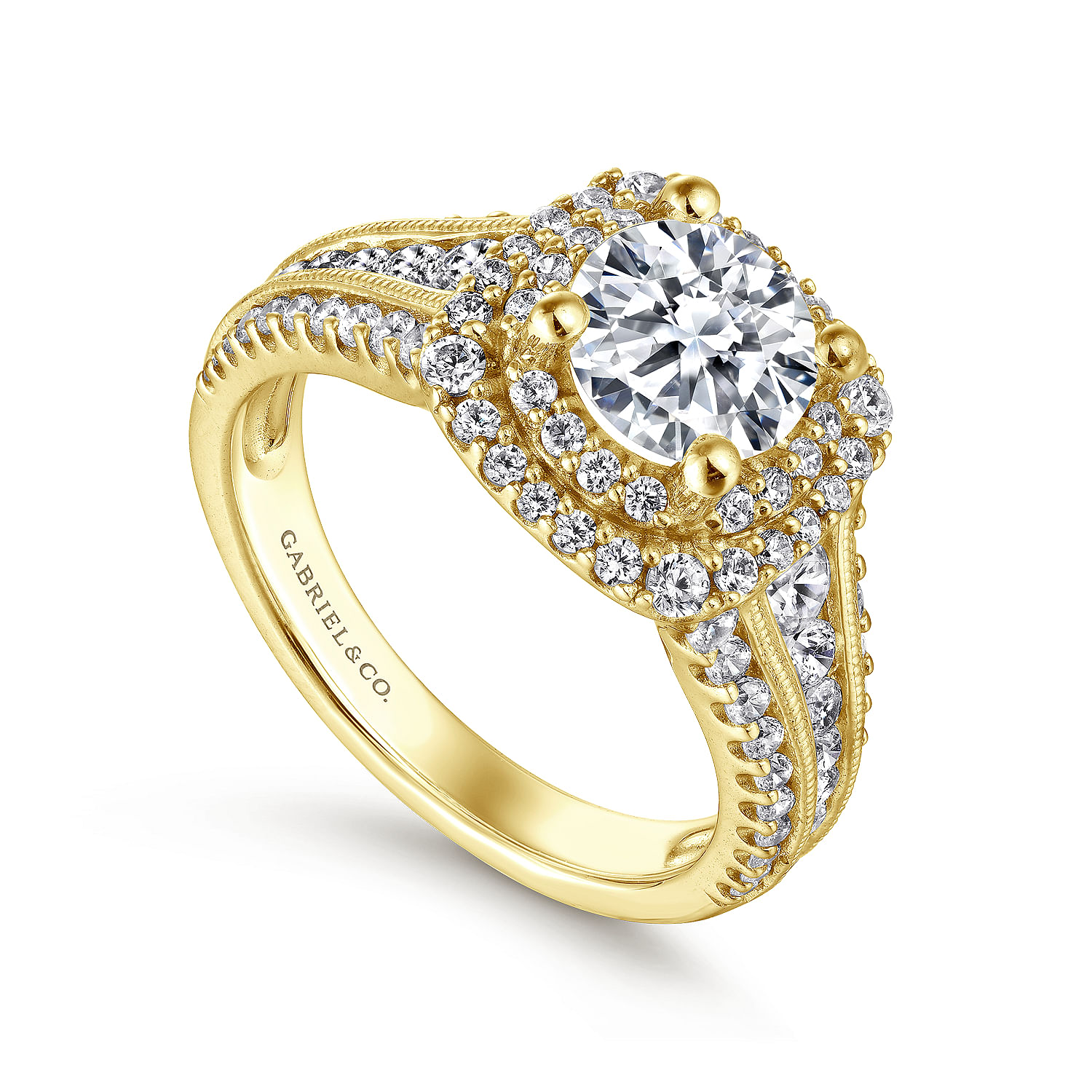 Henrietta 14k Yellow Gold Round Double Halo Engagement Ring angle 3 Henrietta 14k Yellow Gold Round Double Halo Engagement Ring angle 3