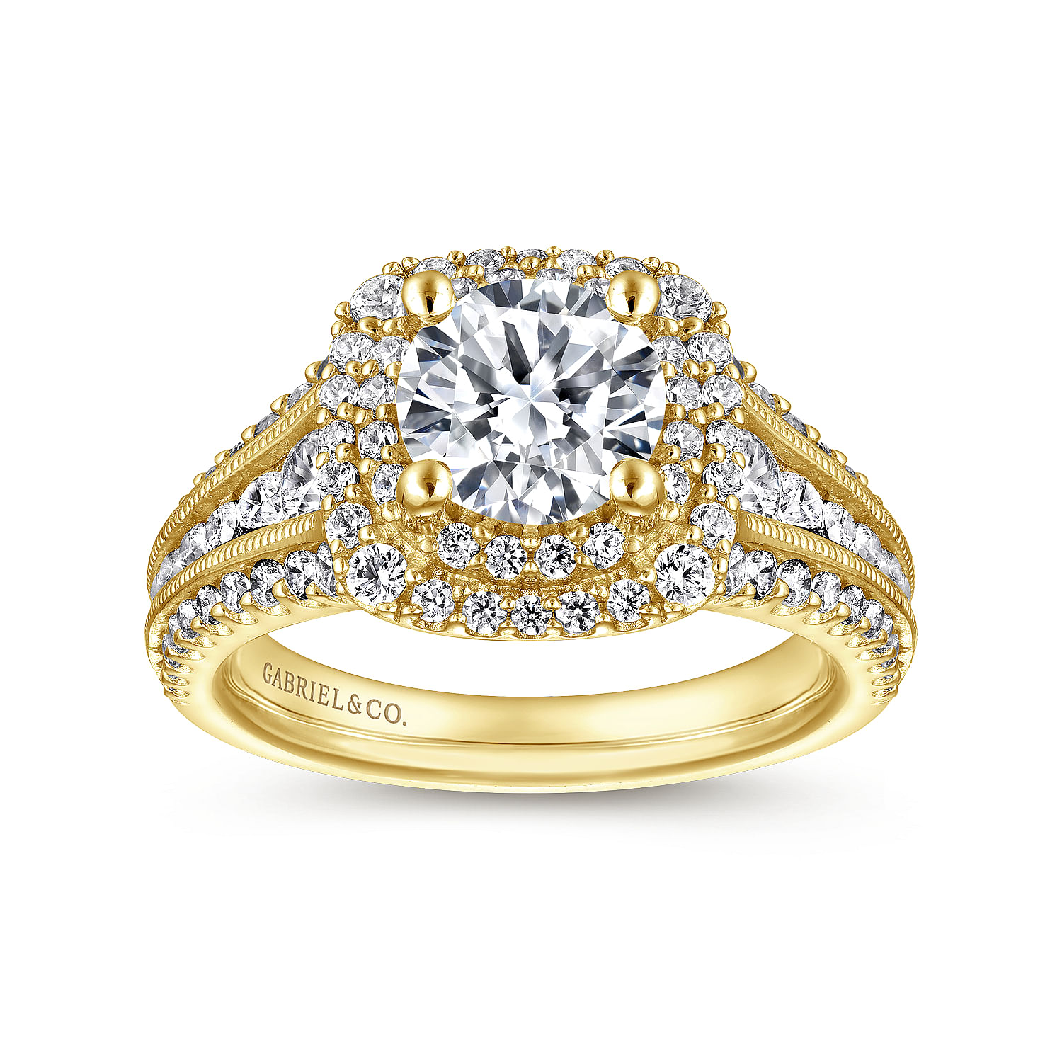Henrietta 14k Yellow Gold Round Double Halo Engagement Ring angle 5 Henrietta 14k Yellow Gold Round Double Halo Engagement Ring angle 5