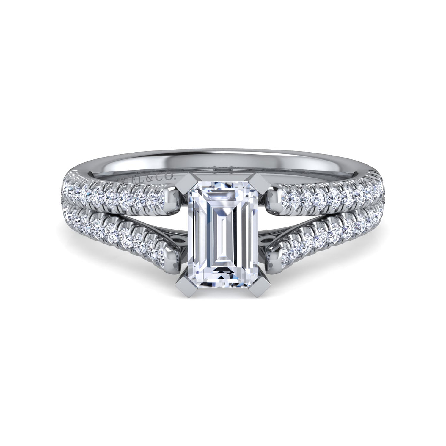 Janelle 14k White Gold Emerald Cut Split Shank Engagement Ring angle 1 Janelle 14k White Gold Emerald Cut Split Shank Engagement Ring angle 1