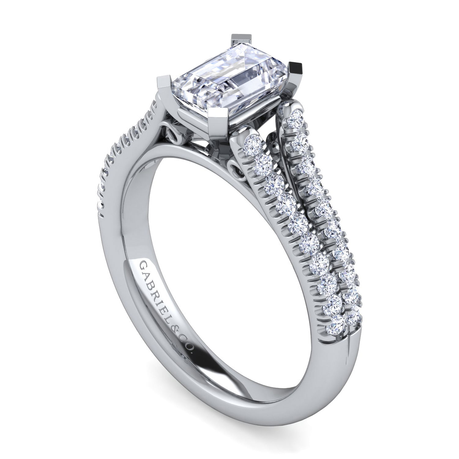 Janelle 14k White Gold Emerald Cut Split Shank Engagement Ring angle 3 Janelle 14k White Gold Emerald Cut Split Shank Engagement Ring angle 3