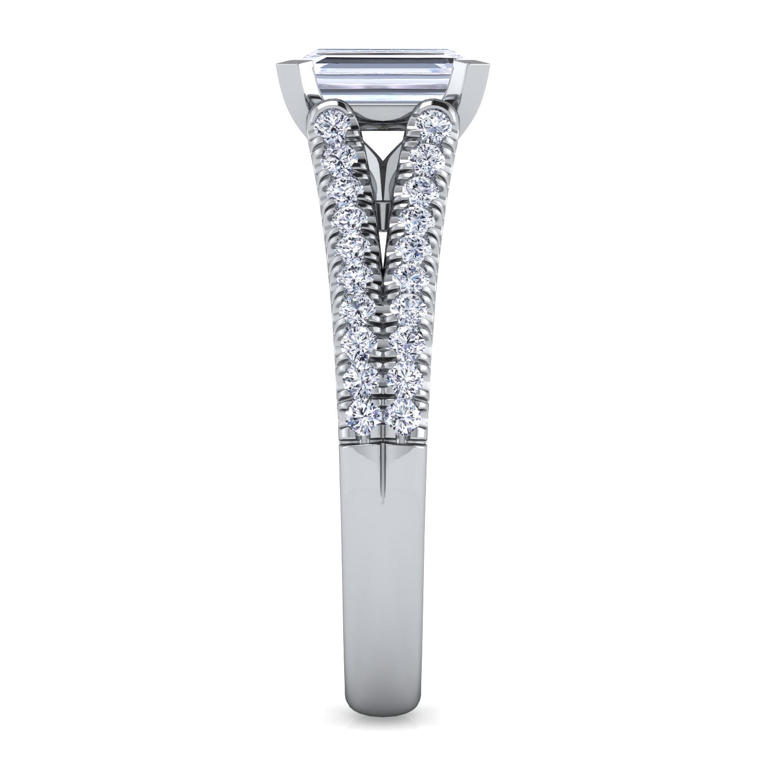 Janelle 14k White Gold Emerald Cut Split Shank Engagement Ring angle 5 Janelle 14k White Gold Emerald Cut Split Shank Engagement Ring angle 5