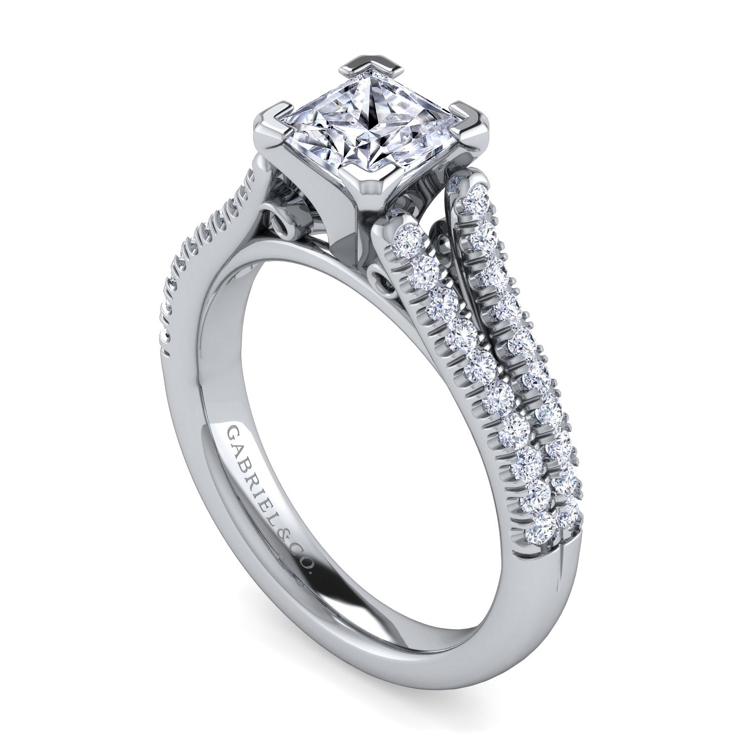 Janelle 14k White Gold Princess Cut Split Shank Engagement Ring angle 3 Janelle 14k White Gold Princess Cut Split Shank Engagement Ring angle 3