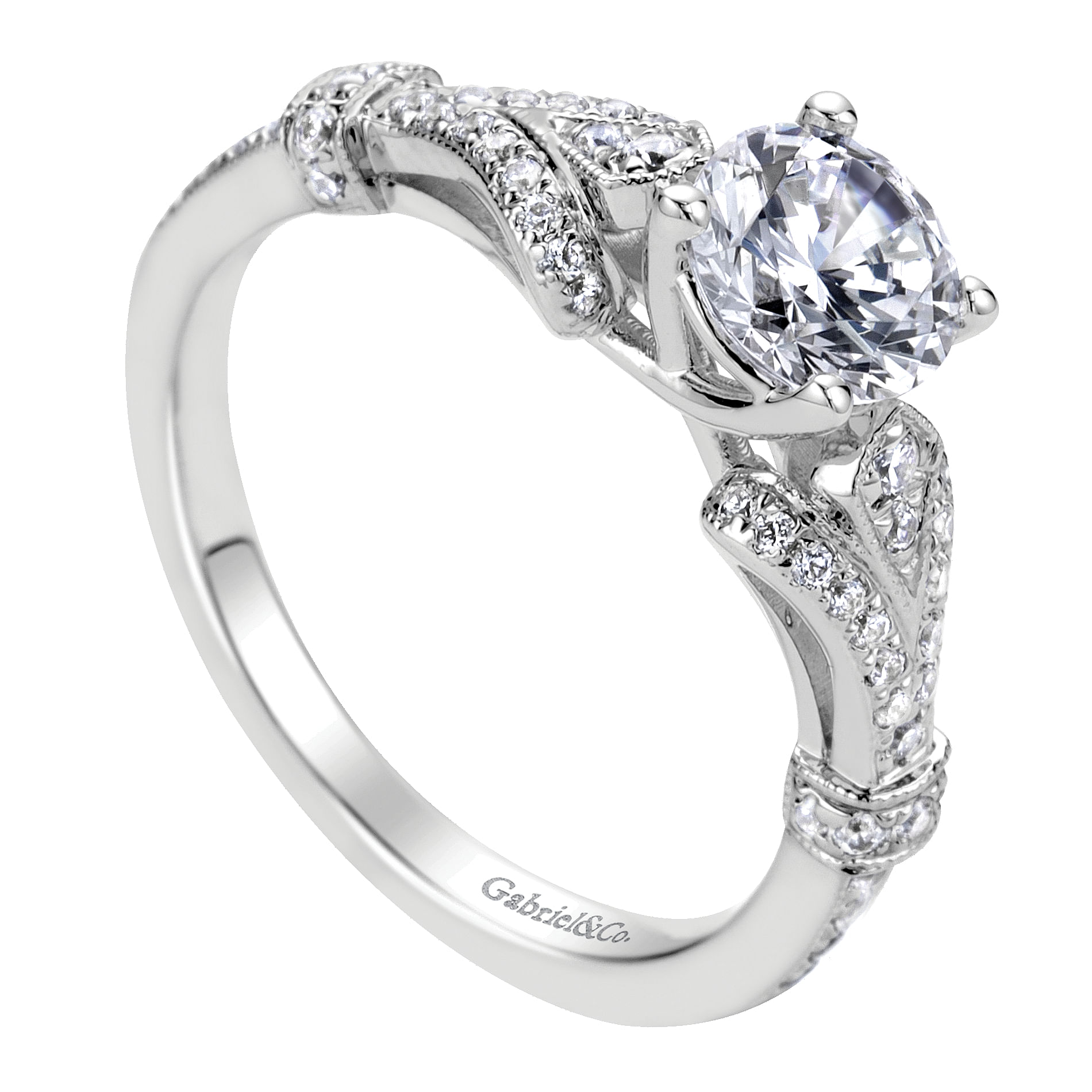 Lucille 14k White Gold Round Split Shank Engagement Ring angle 3 Lucille 14k White Gold Round Split Shank Engagement Ring angle 3