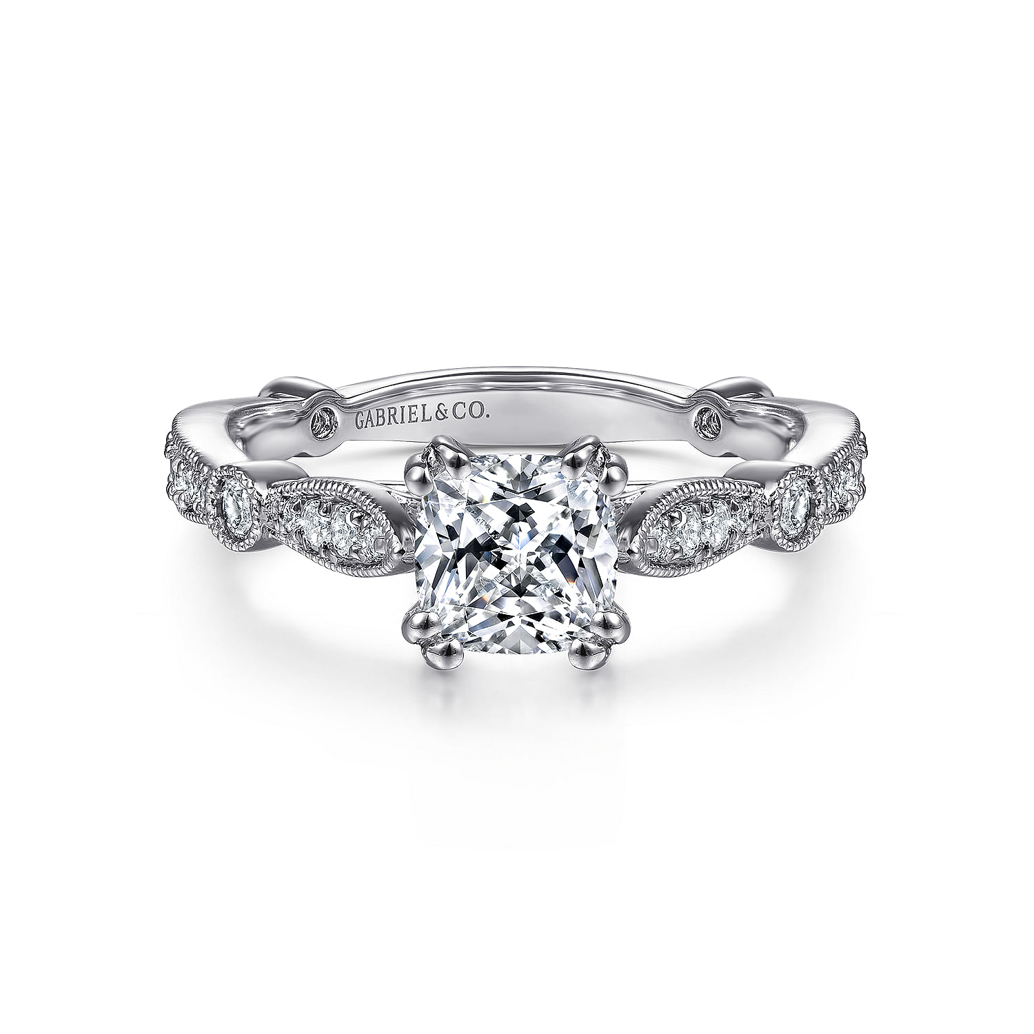 Mabel 14k White Gold Cushion Cut Straight Engagement Ring angle 1 Mabel 14k White Gold Cushion Cut Straight Engagement Ring angle 1