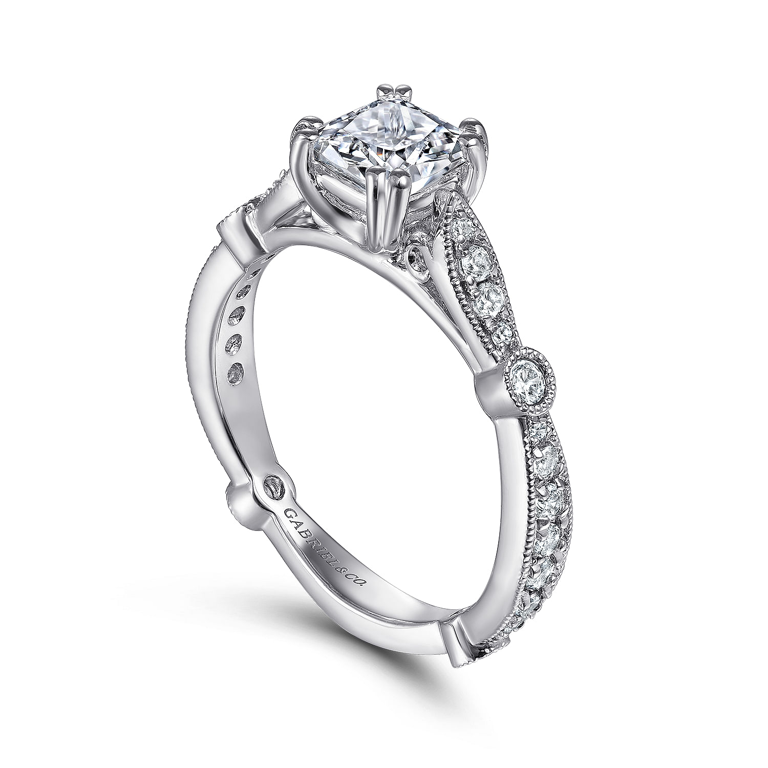 Mabel 14k White Gold Cushion Cut Straight Engagement Ring angle 3 Mabel 14k White Gold Cushion Cut Straight Engagement Ring angle 3