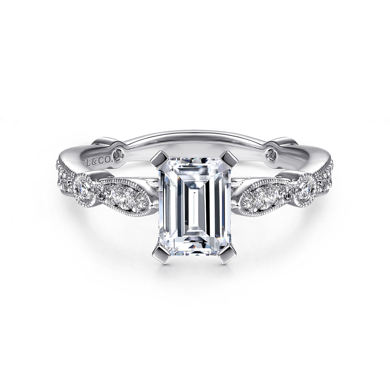 Mabel 14k White Gold Emerald Cut Straight Engagement Ring angle 1 Mabel 14k White Gold Emerald Cut Straight Engagement Ring angle 1