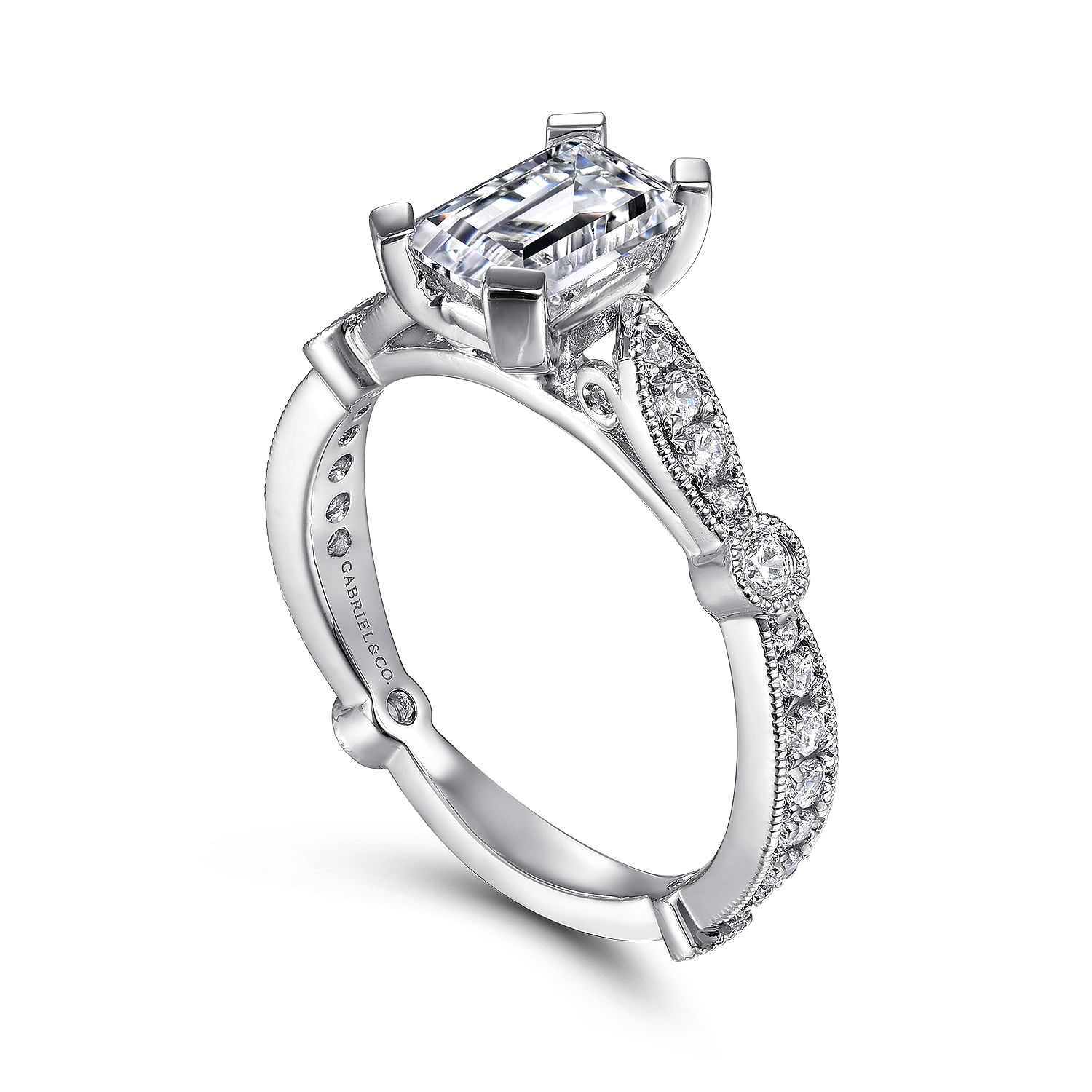 Mabel 14k White Gold Emerald Cut Straight Engagement Ring angle 3 Mabel 14k White Gold Emerald Cut Straight Engagement Ring angle 3