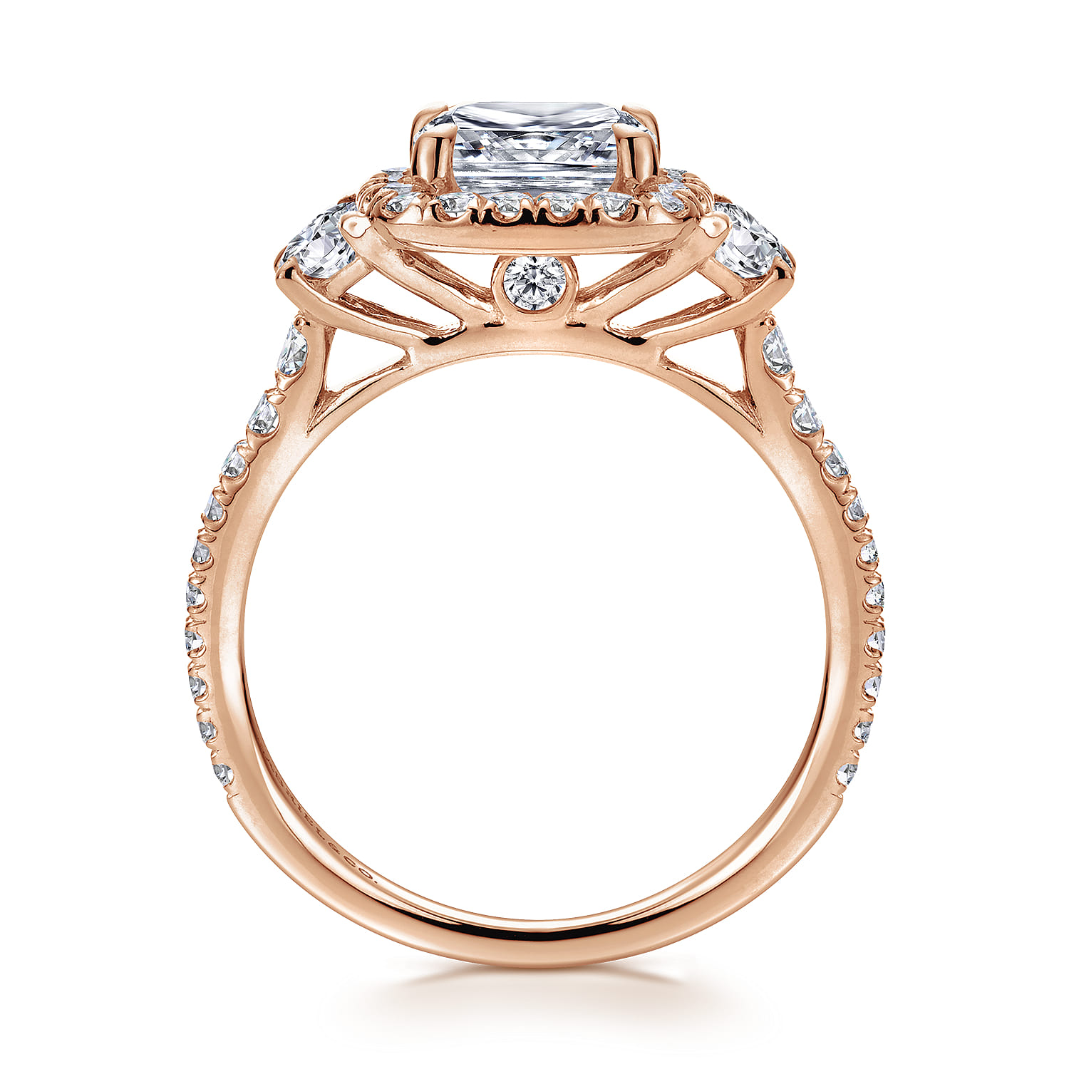 Mia 14k Rose Gold Cushion Cut 3 Stones Halo Engagement Ring | ER9189K44JJ