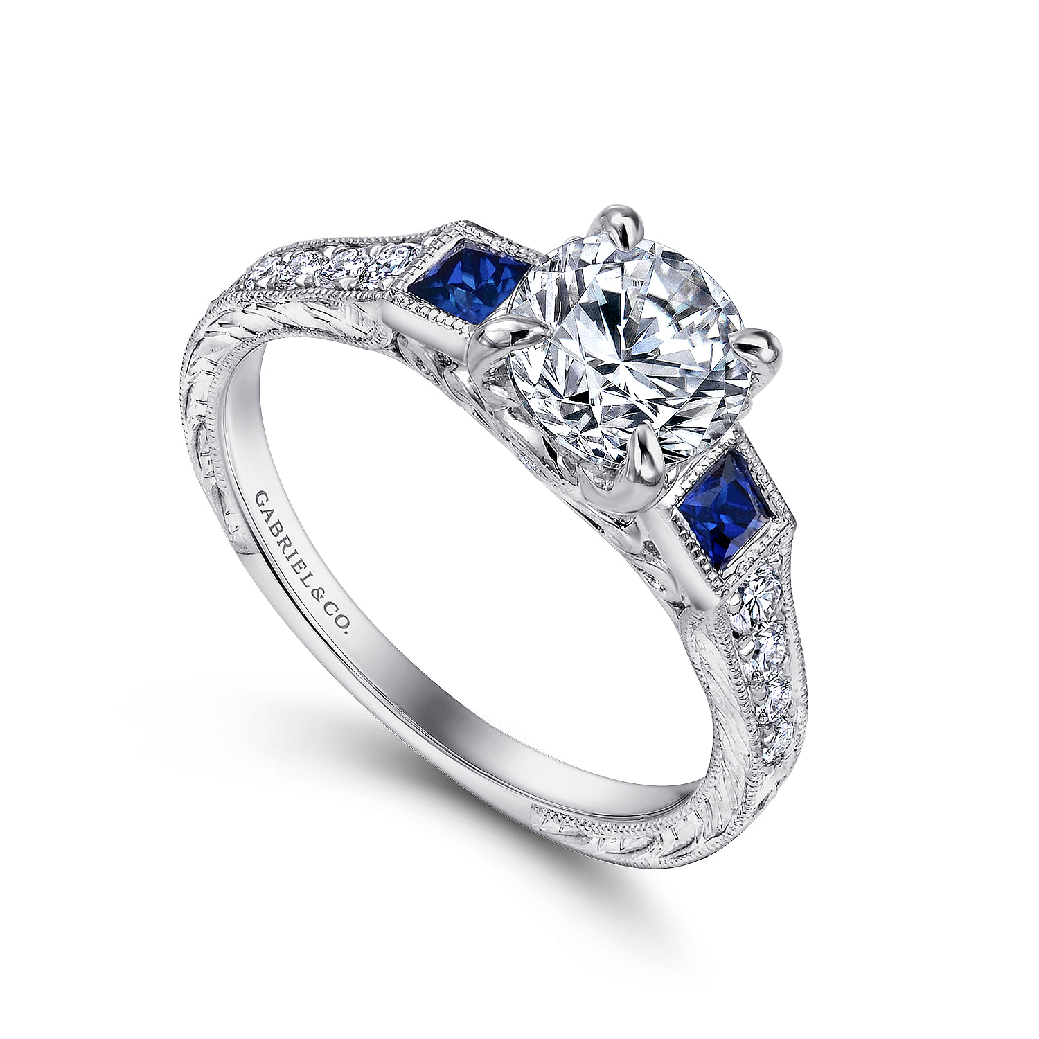 Platinum Diamond And Sapphire 3 Stones Engagement Ring angle 3 Platinum Diamond And Sapphire 3 Stones Engagement Ring angle 3