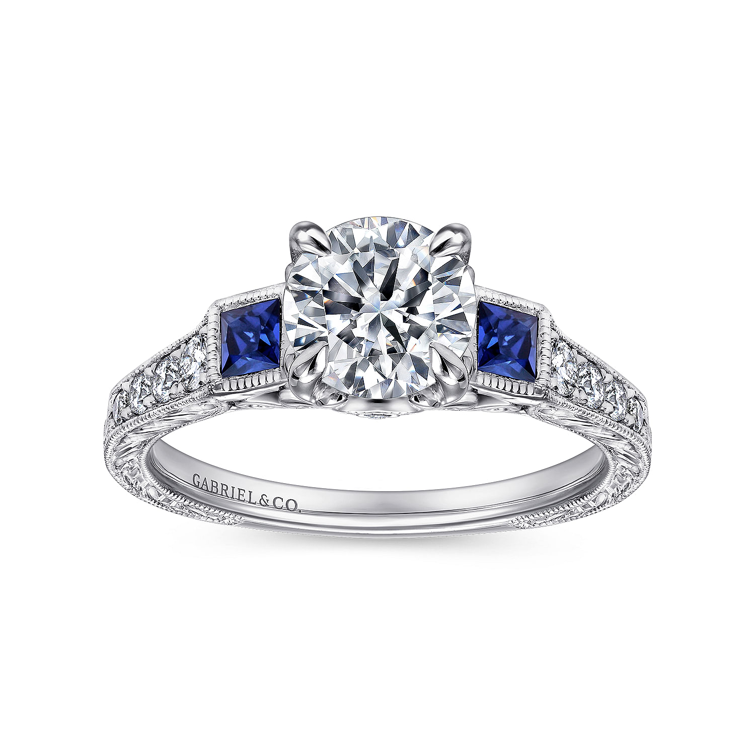 Platinum Diamond And Sapphire 3 Stones Engagement Ring angle 5 Platinum Diamond And Sapphire 3 Stones Engagement Ring angle 5