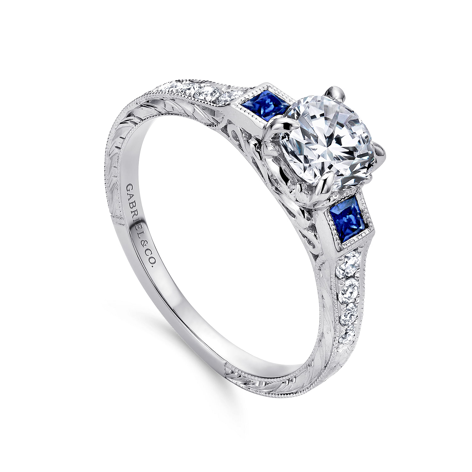 Platinum Diamond And Sapphire 3 Stones Engagement Ring angle 3 Platinum Diamond And Sapphire 3 Stones Engagement Ring angle 3