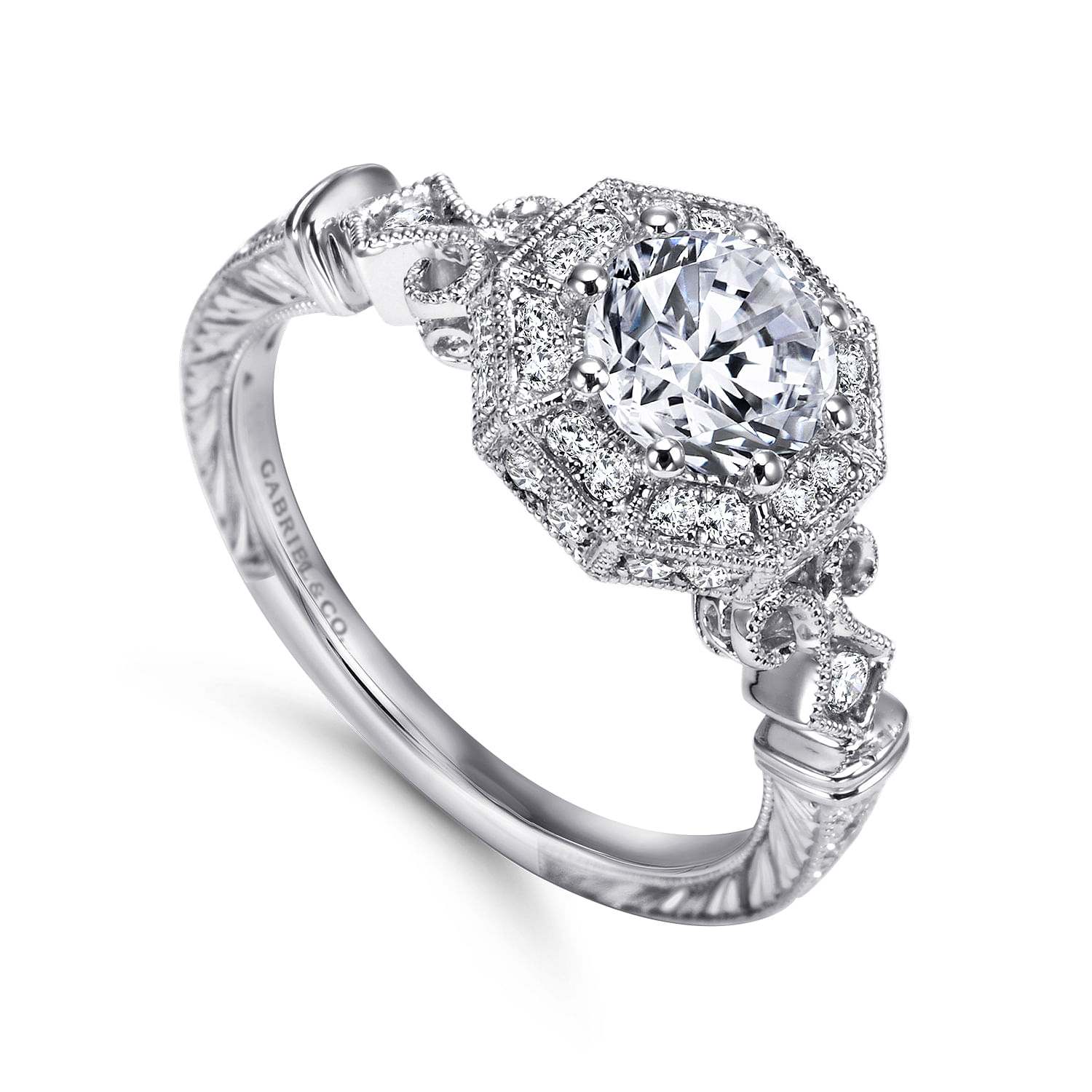 Platinum Round Halo Engagement Ring angle 3 Platinum Round Halo Engagement Ring angle 3